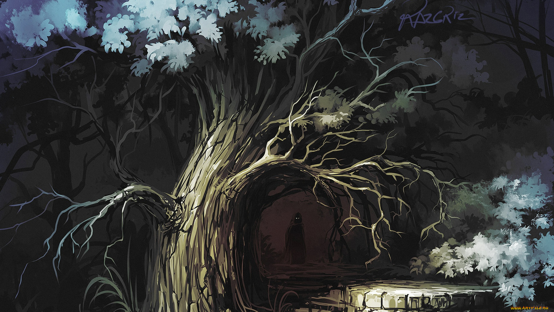 фэнтези, нежить, дерево, рисунок, лес, силуэт, тьма, арт, roman, avseenko, by