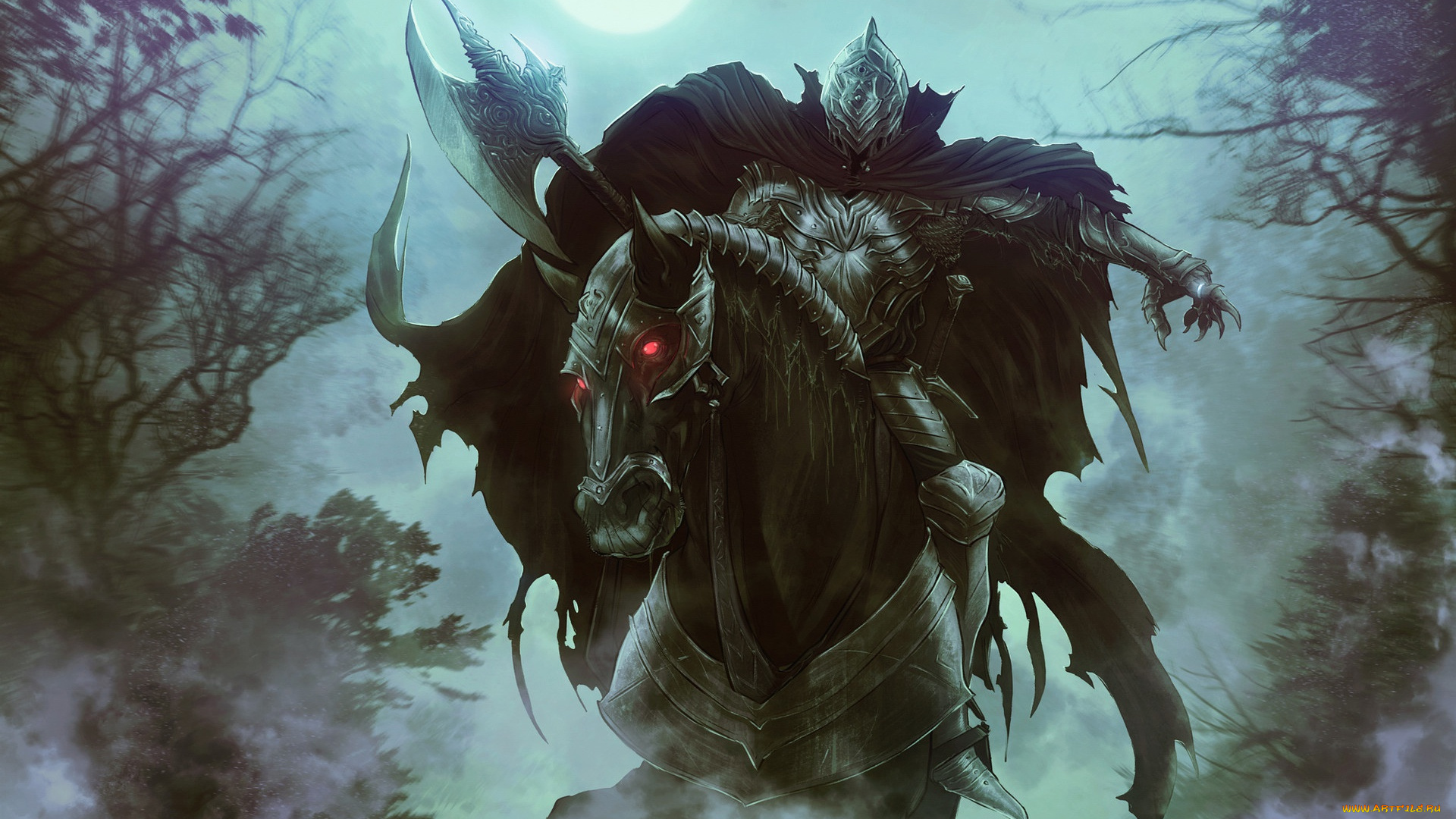 фэнтези, нежить, лошадь, ночь, рисунок, луна, лес, конь, властелин, колец, арт