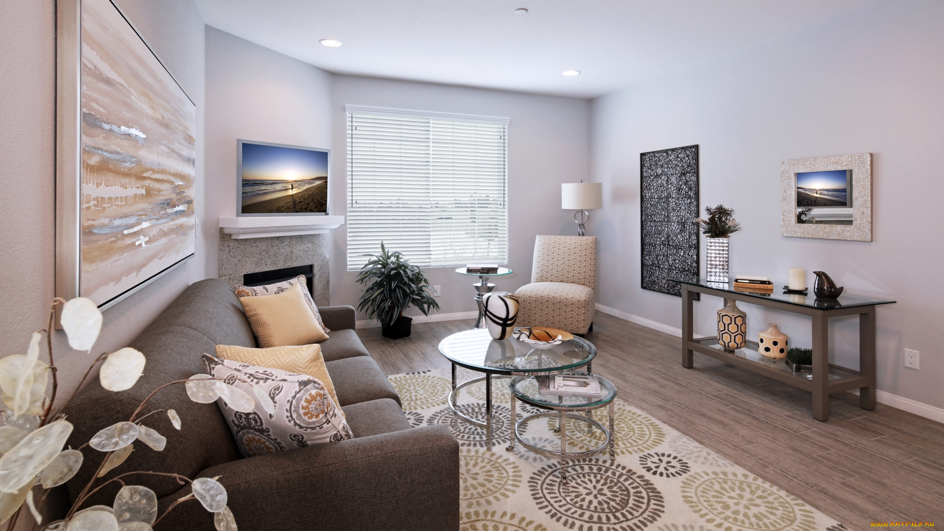 интерьер, гостиная, столы, кресло, диван, картины, жалюзи, окно, комната