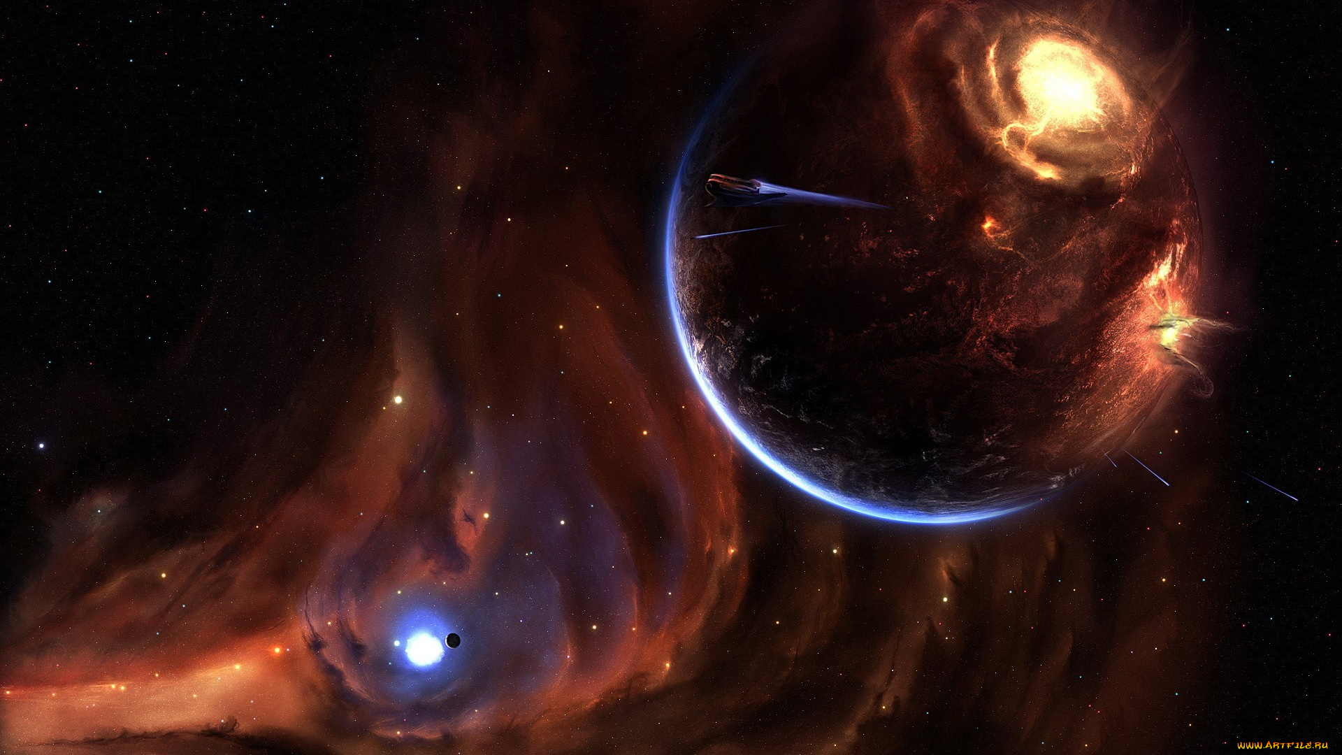 космос, арт, звезды, туманность, галактика, корабли, взрыв, планеты