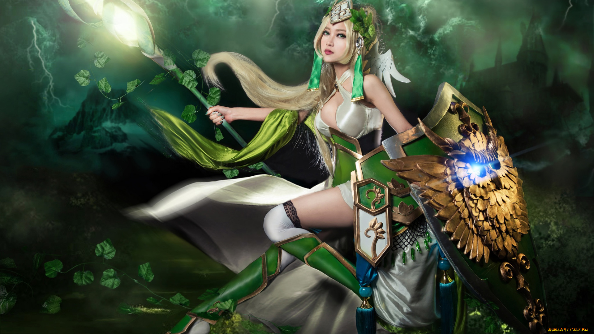 разное, cosplay, , косплей, грудь, зелень, свет, девушка, листья, взгляд, небо