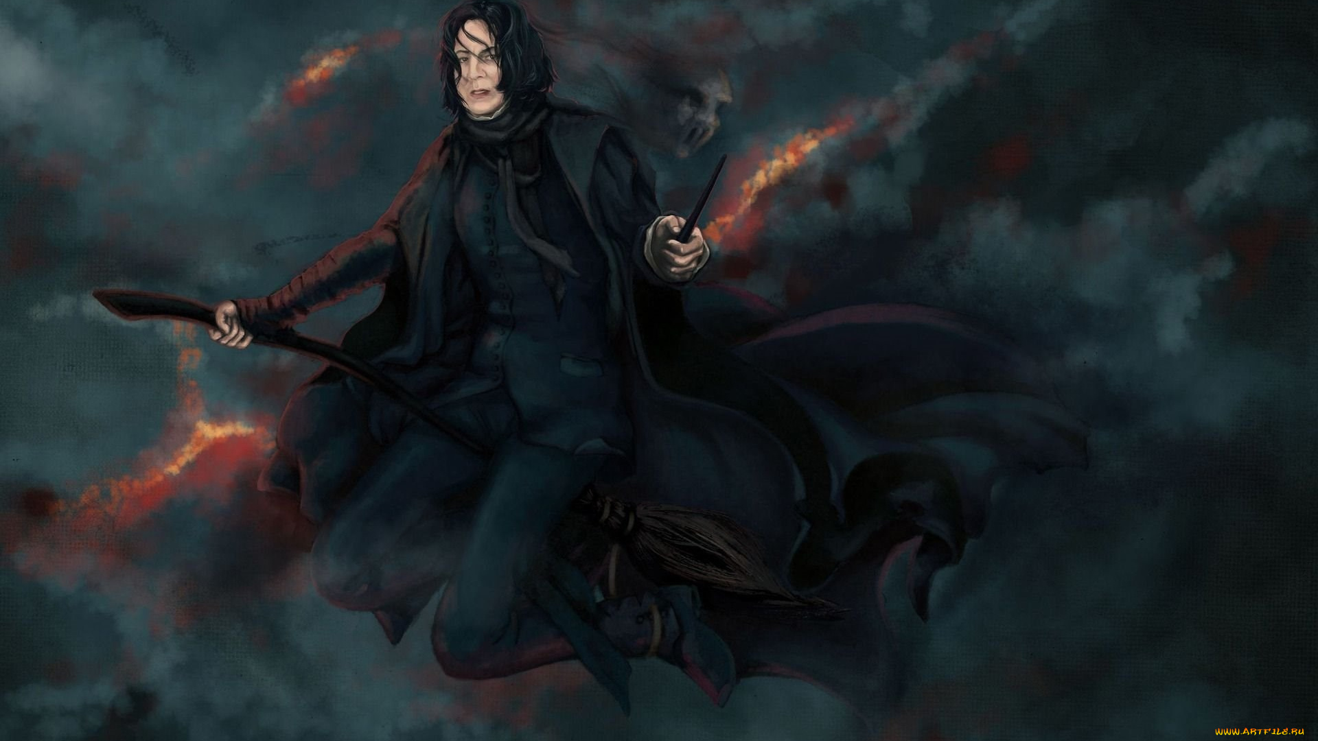 рисованное, кино, магия, тучи, палочка, полет, метла, мантия, профессор, северус, снейп