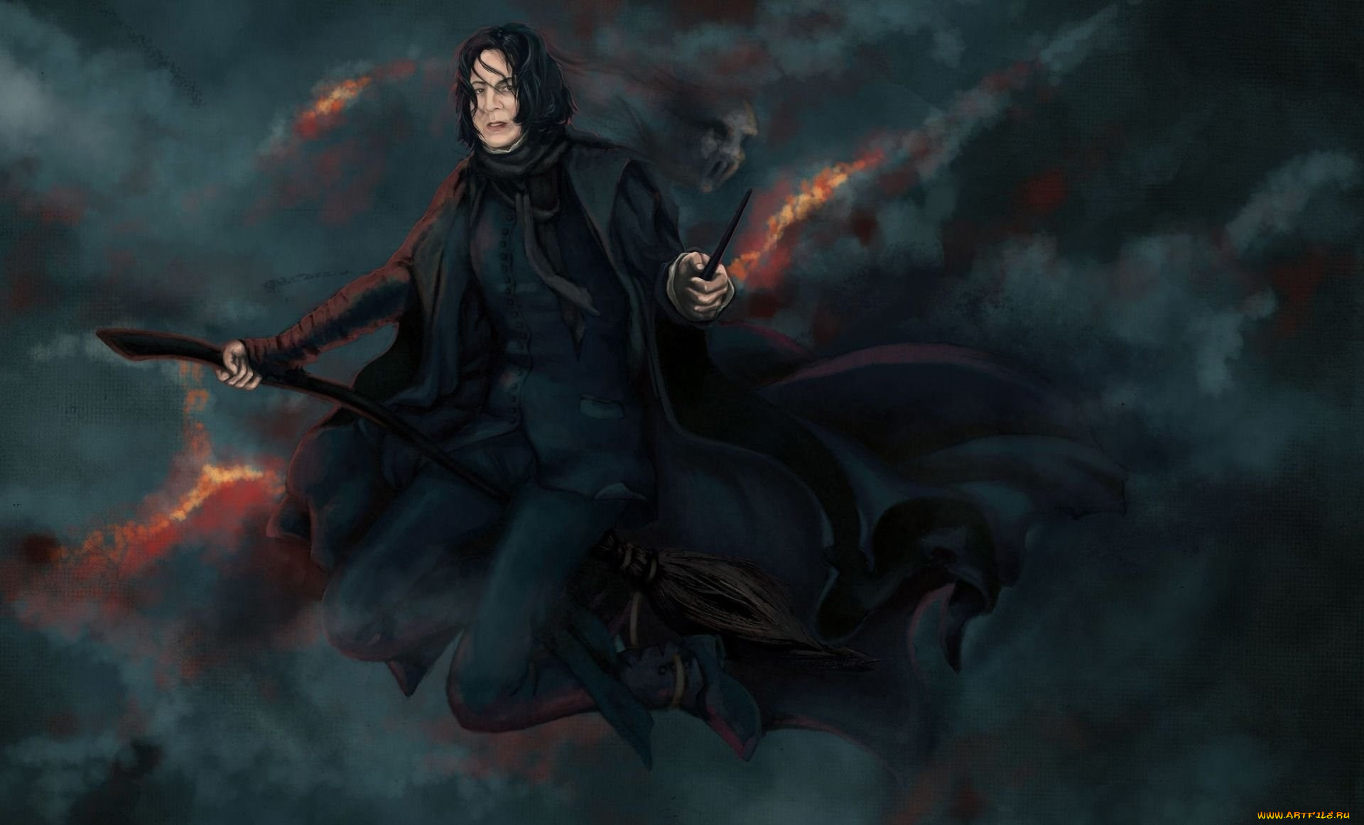 рисованное, кино, магия, тучи, палочка, полет, метла, мантия, профессор, северус, снейп