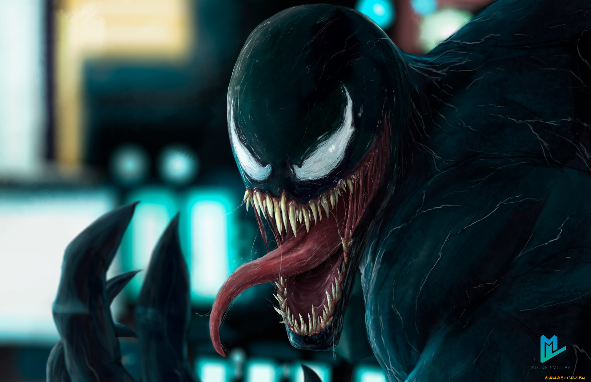 рисованное, комиксы, migue, villaf, by, venom, in, the, city, creatures, marvel, зубы, Язык, симбиот, веном