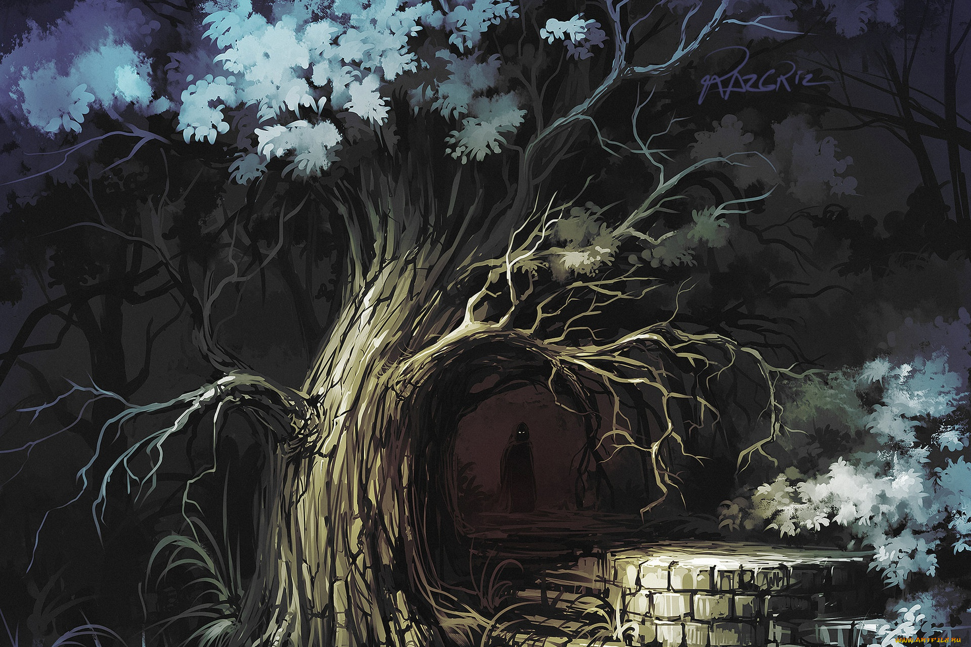 фэнтези, нежить, дерево, рисунок, лес, силуэт, тьма, арт, roman, avseenko, by