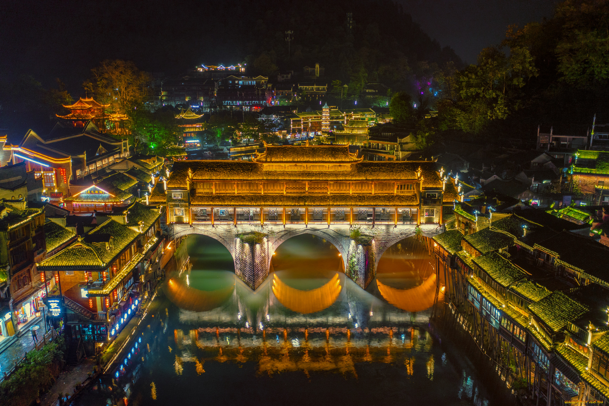 fenghuang, ancient, town, города, -, огни, ночного, города, простор