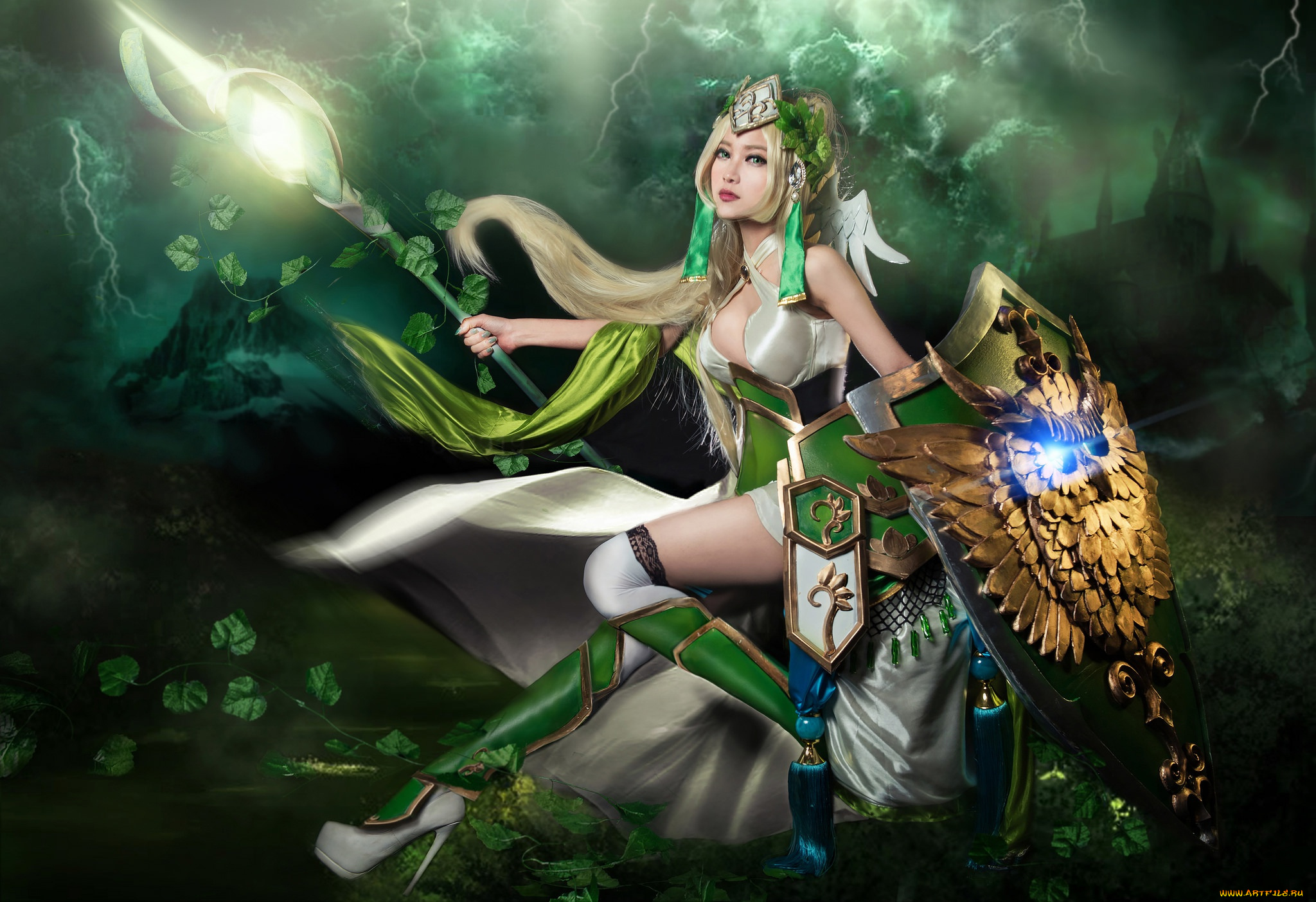 разное, cosplay, , косплей, грудь, зелень, свет, девушка, листья, взгляд, небо