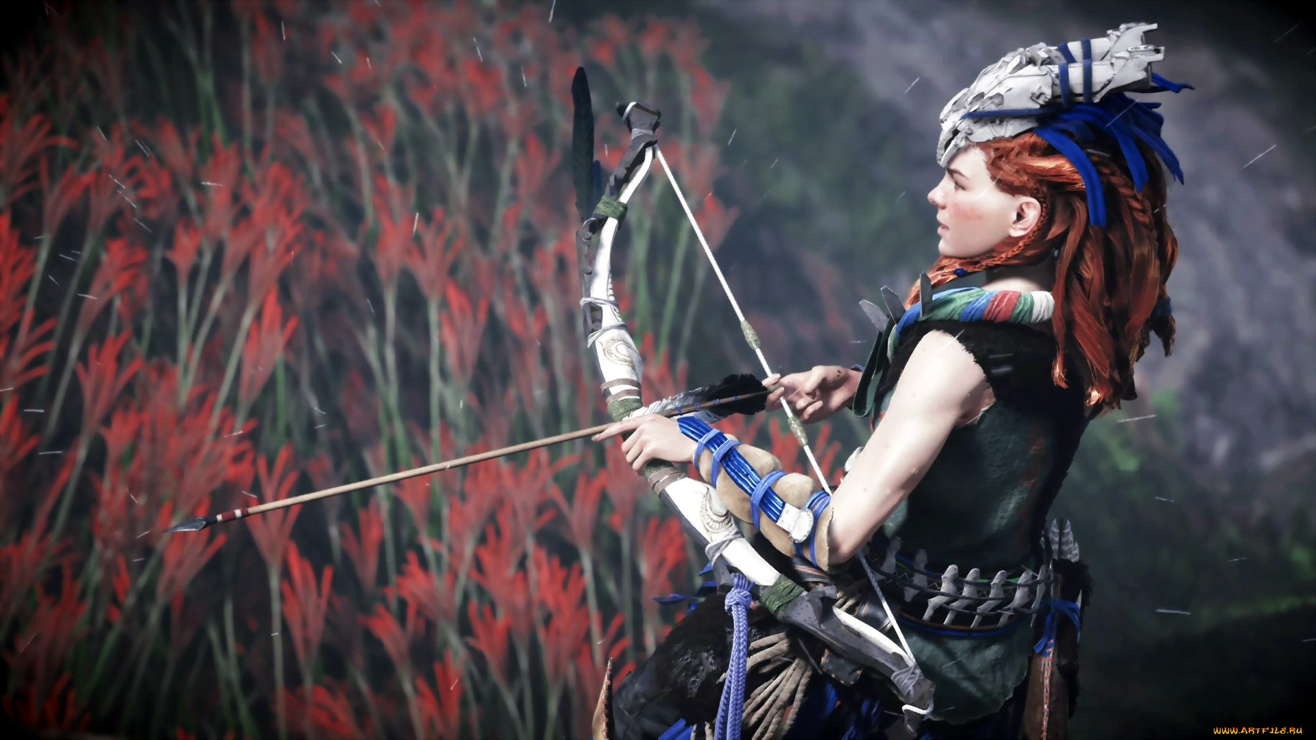 девушки, -, креатив, , косплей, рыжая, маска, лук, стрела, цветы, костюм