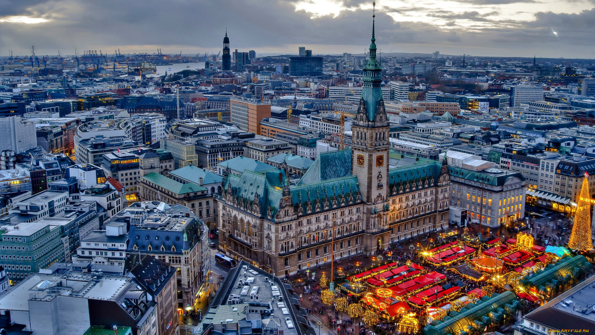 города, гамбург, , германия, панорама, новогодняя, ярмарка
