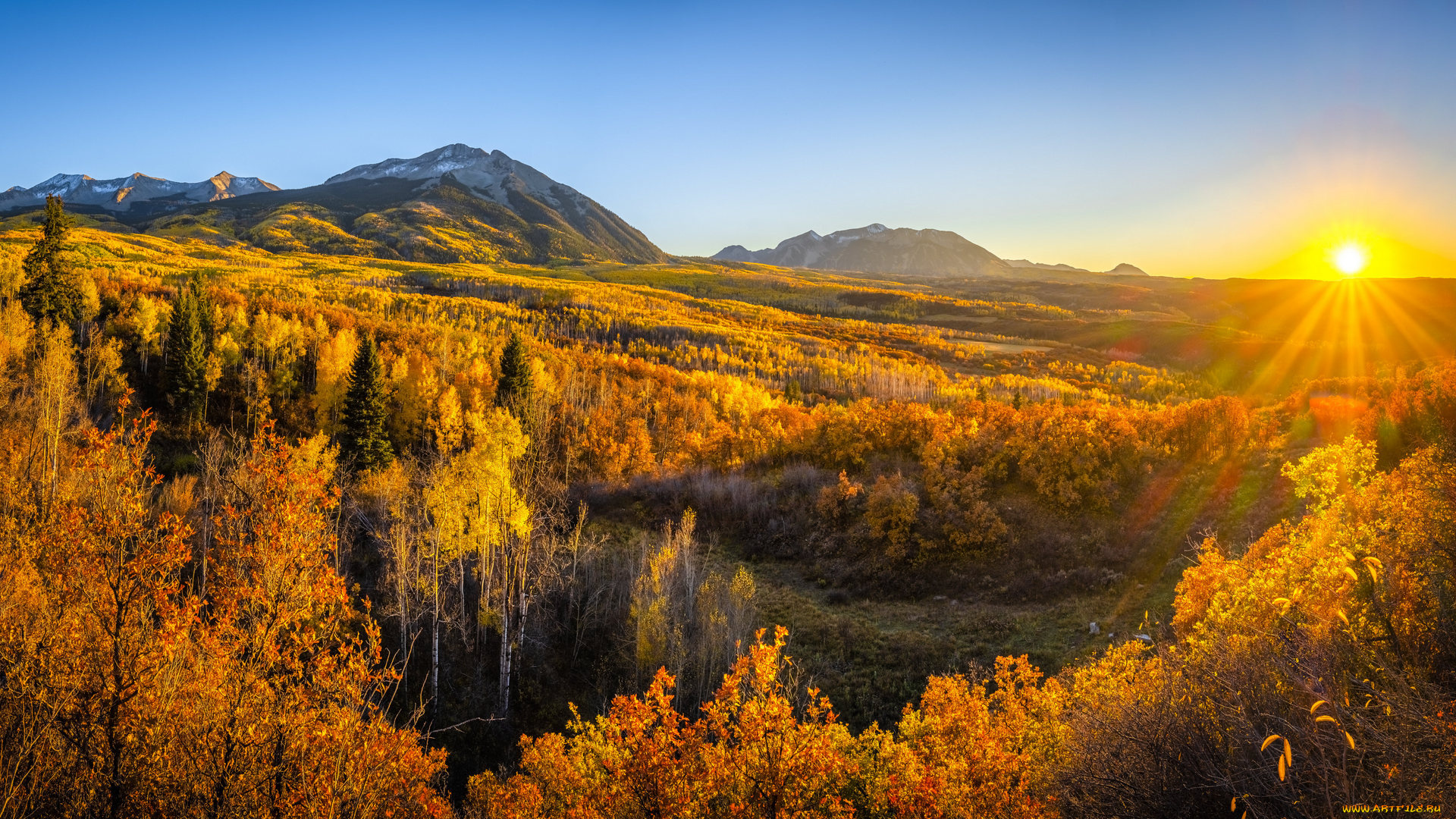 природа, пейзажи, осень, закат, горы, лес