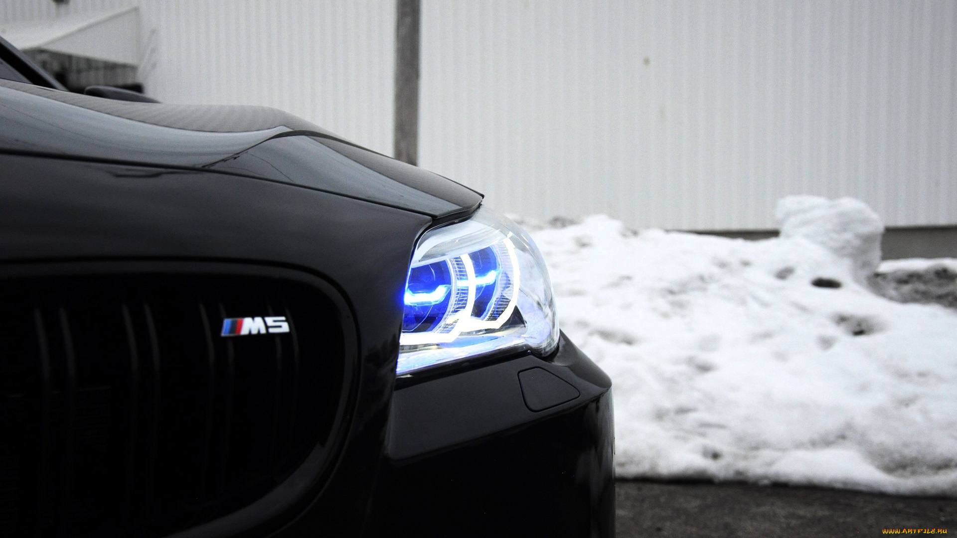автомобили, фрагменты, автомобиля, bmw-m5, черный, снег, фара