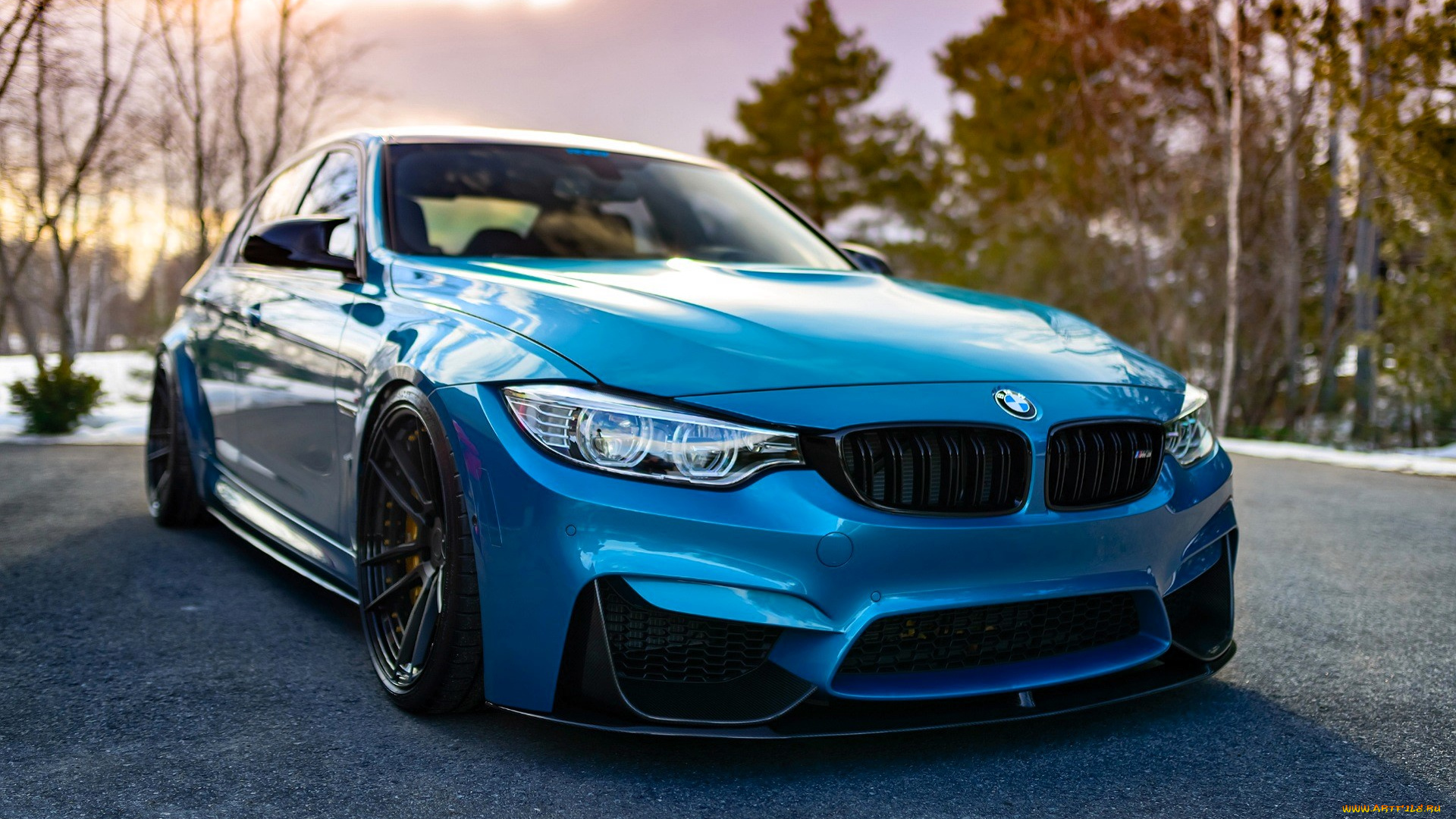 bmw, m3, автомобили, bmw, синий, площадка, деревья, снег