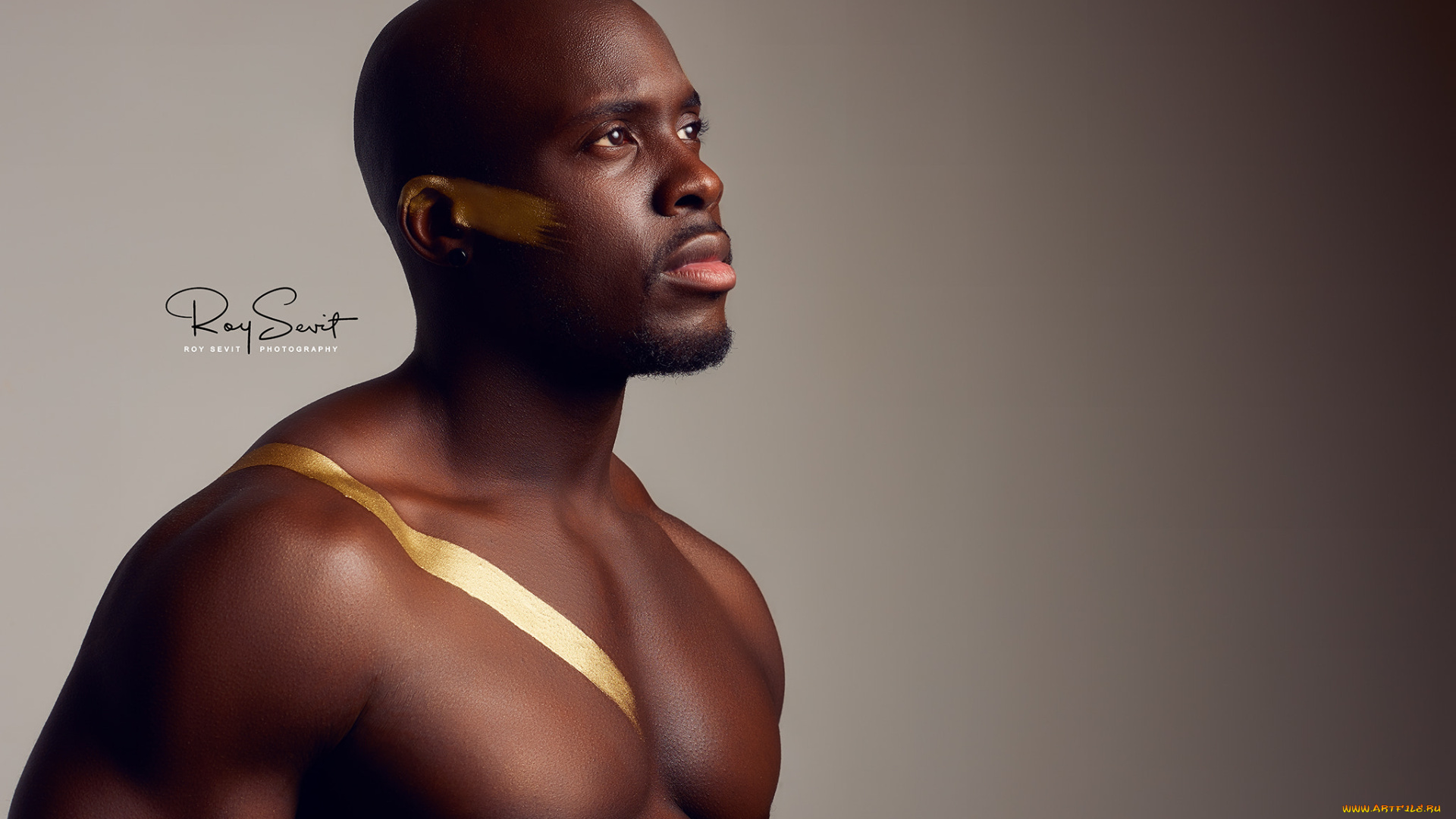 мужчины, -unsort, темная, кожа, золото, раскраска, для, тела, взгляд, в, сторону, дуэйн, вестенбург, крупный, план, водяные, знаки, простой, фон, чернокожие, без, рубашки, студия, мускулы, roy, sevit, dwayne, westenburg