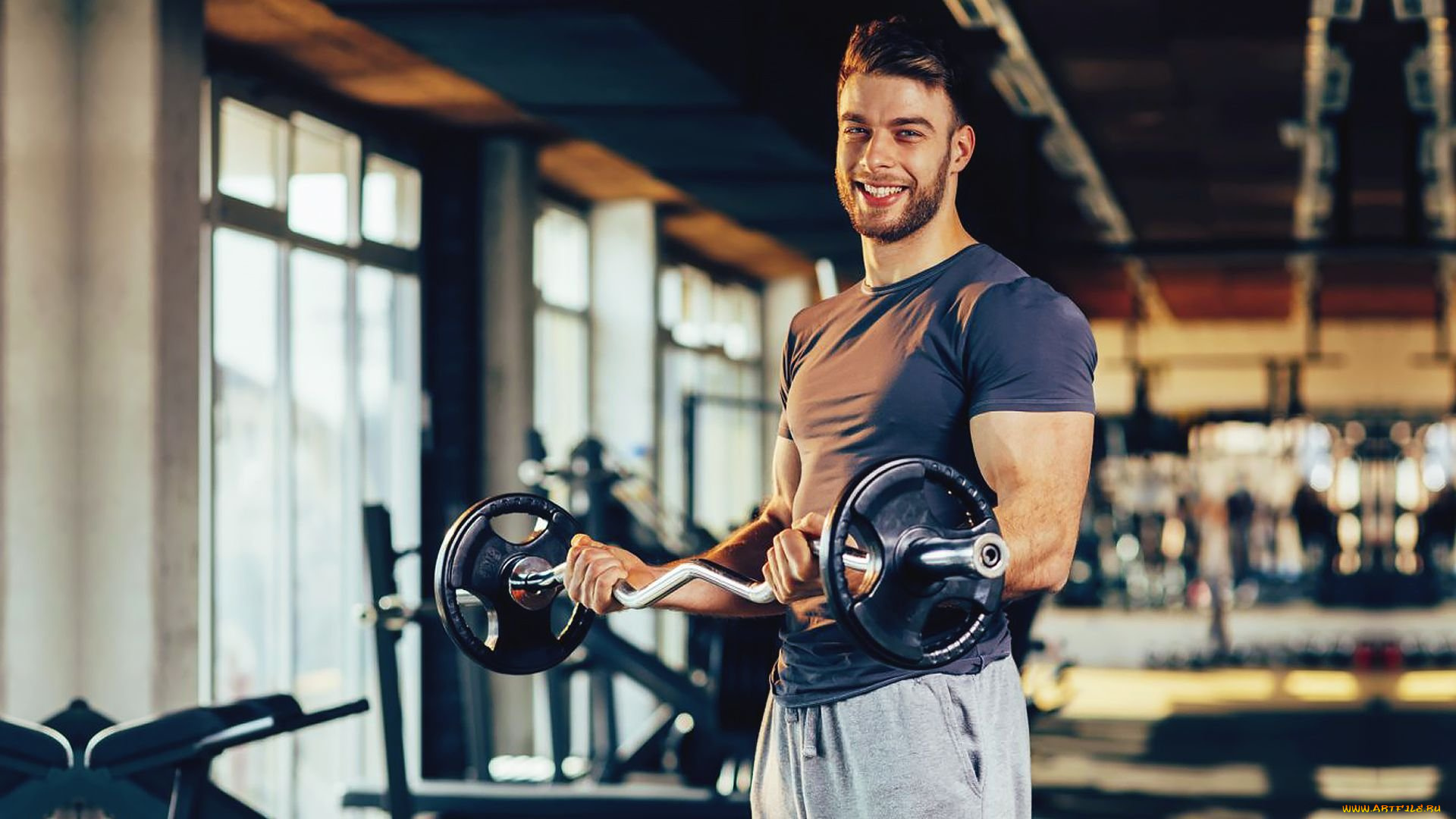 спорт, body, building, мужчина, спoртзал, штанга, изогнутый, гриф