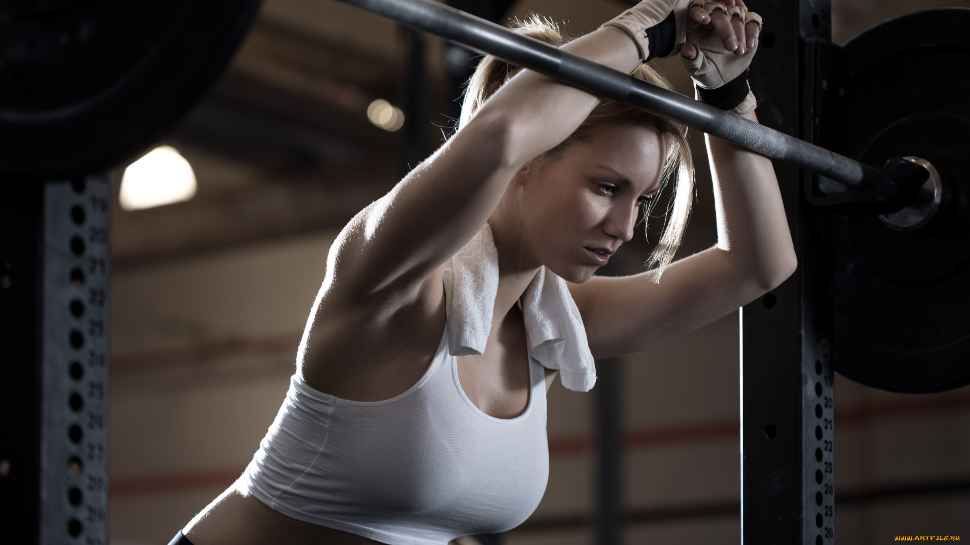 спорт, body, building, тренировка, физические, упражнения, женщины, в, помещении, закрытых, помещениях, спортивный, бюстгальтер, белый, тяжелая, атлетика, взгляд, сторону, фитнес, модель, тренажерные, залы, перчатки, без, пальцев