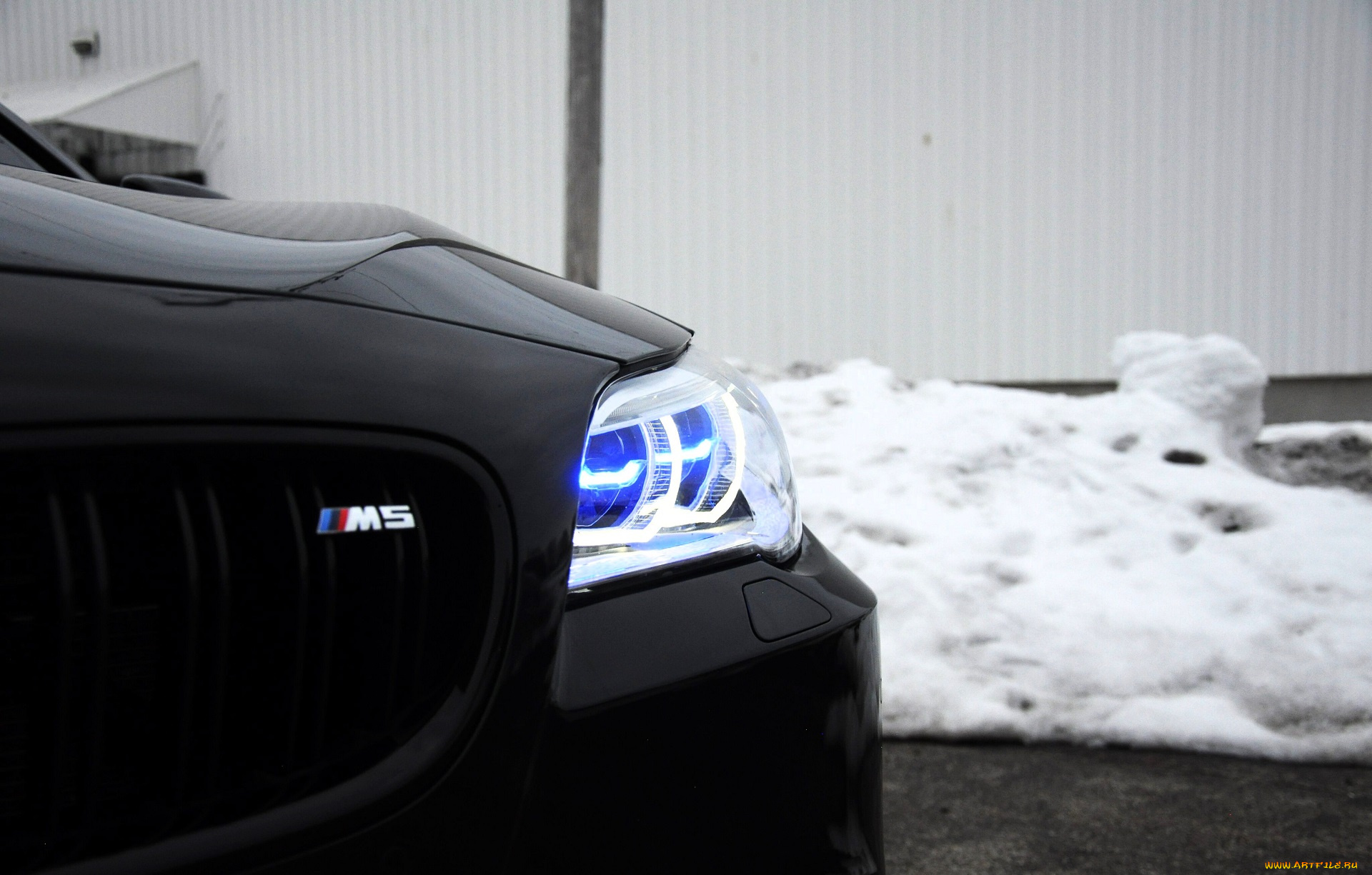 автомобили, фрагменты, автомобиля, bmw-m5, черный, снег, фара