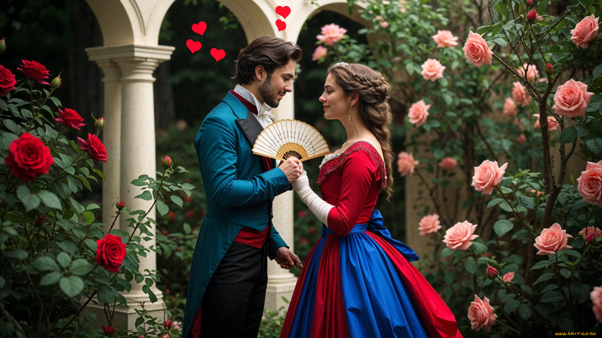 3д, графика, романтика, , romantics, влюбленные, веер, розы