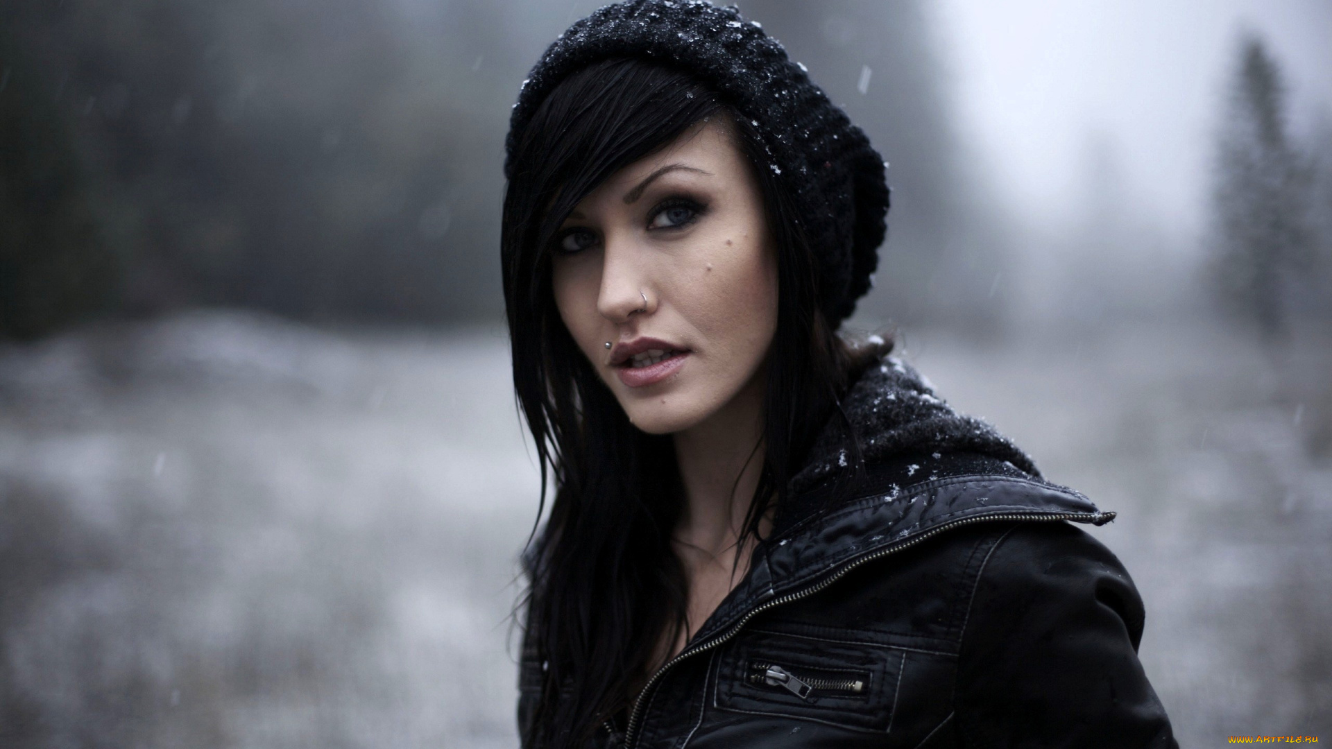 девушки, -, лица, , портреты, брюнетка, шапка, лицо, куртка, снег, зима