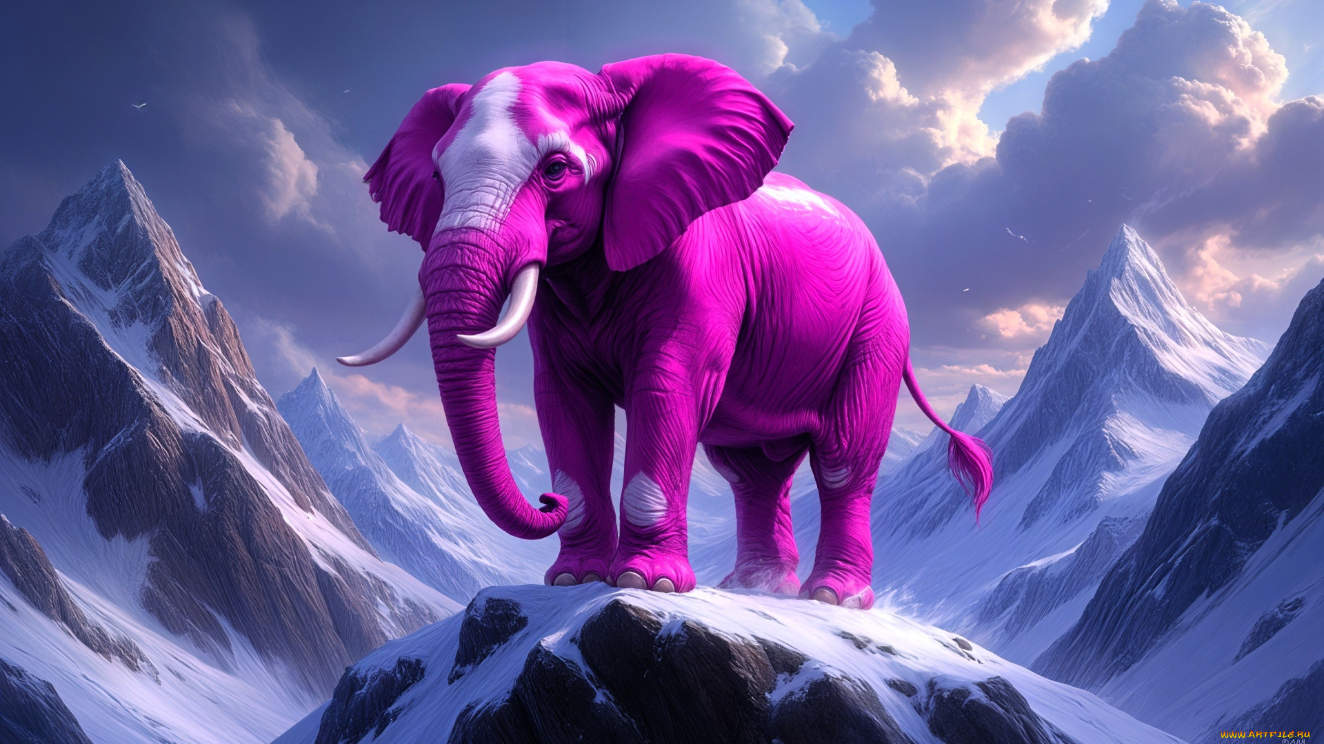 фэнтези, существа, слон, розовый, горы, снег, тучи