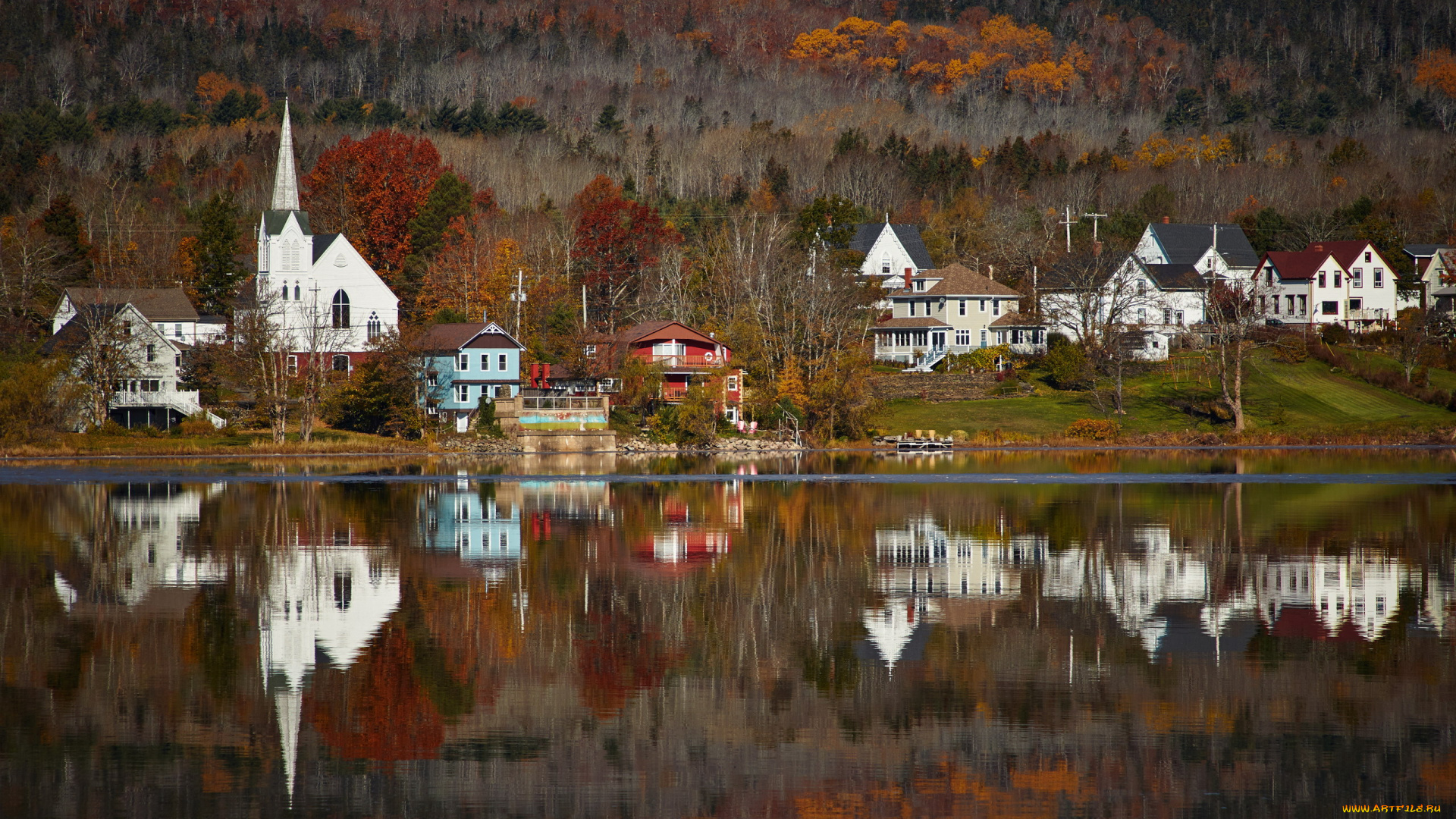 города, -, пейзажи, река, отражение, городок, дома, костел, осень