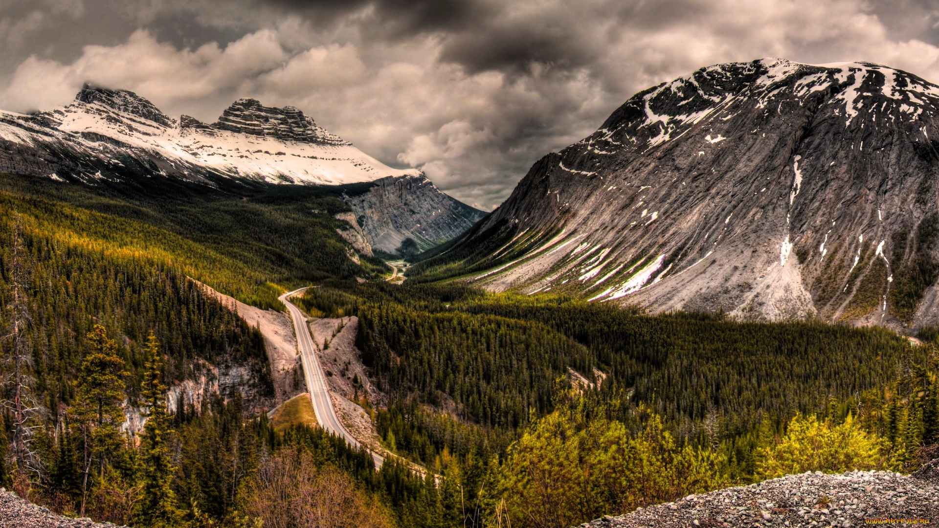 природа, горы, тучи, лес, дорога