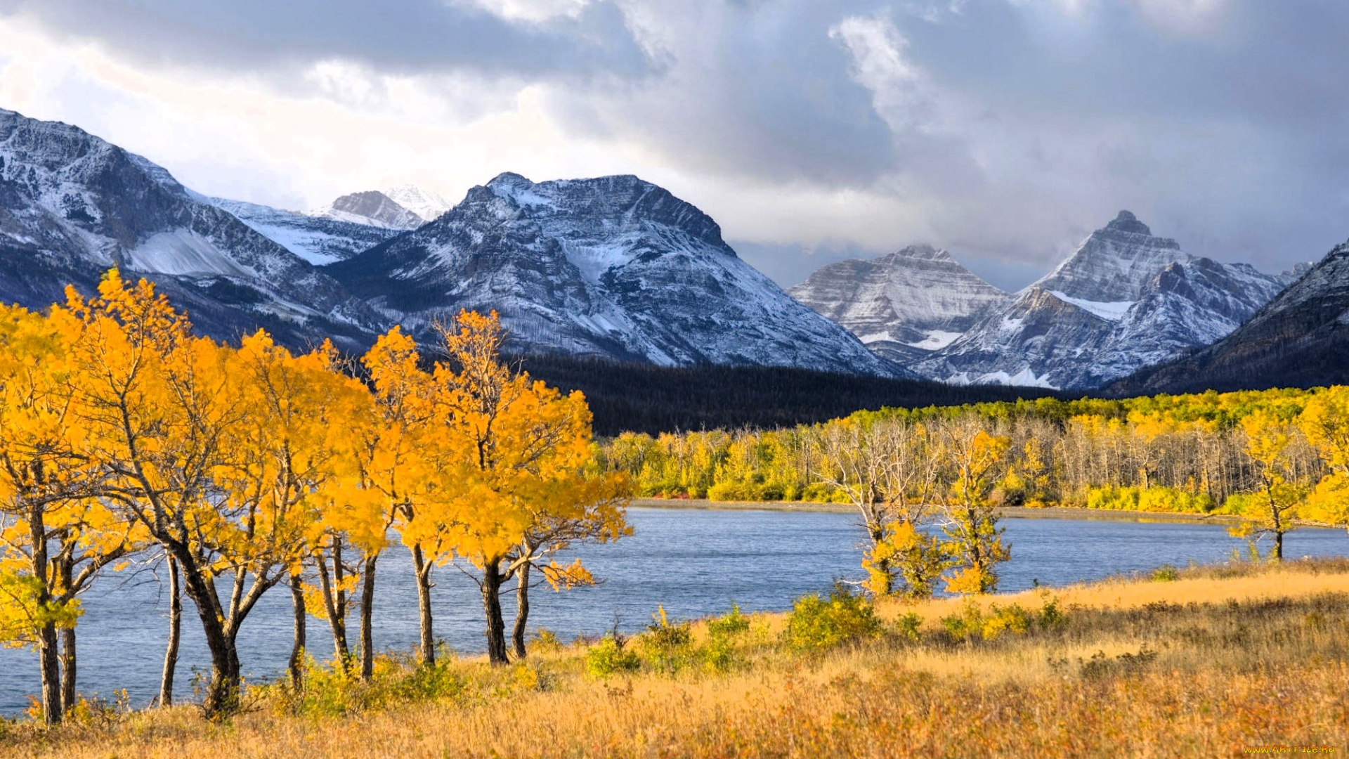 природа, реки, озера, горы, снег, лес, осень, деревья, тень, озеро