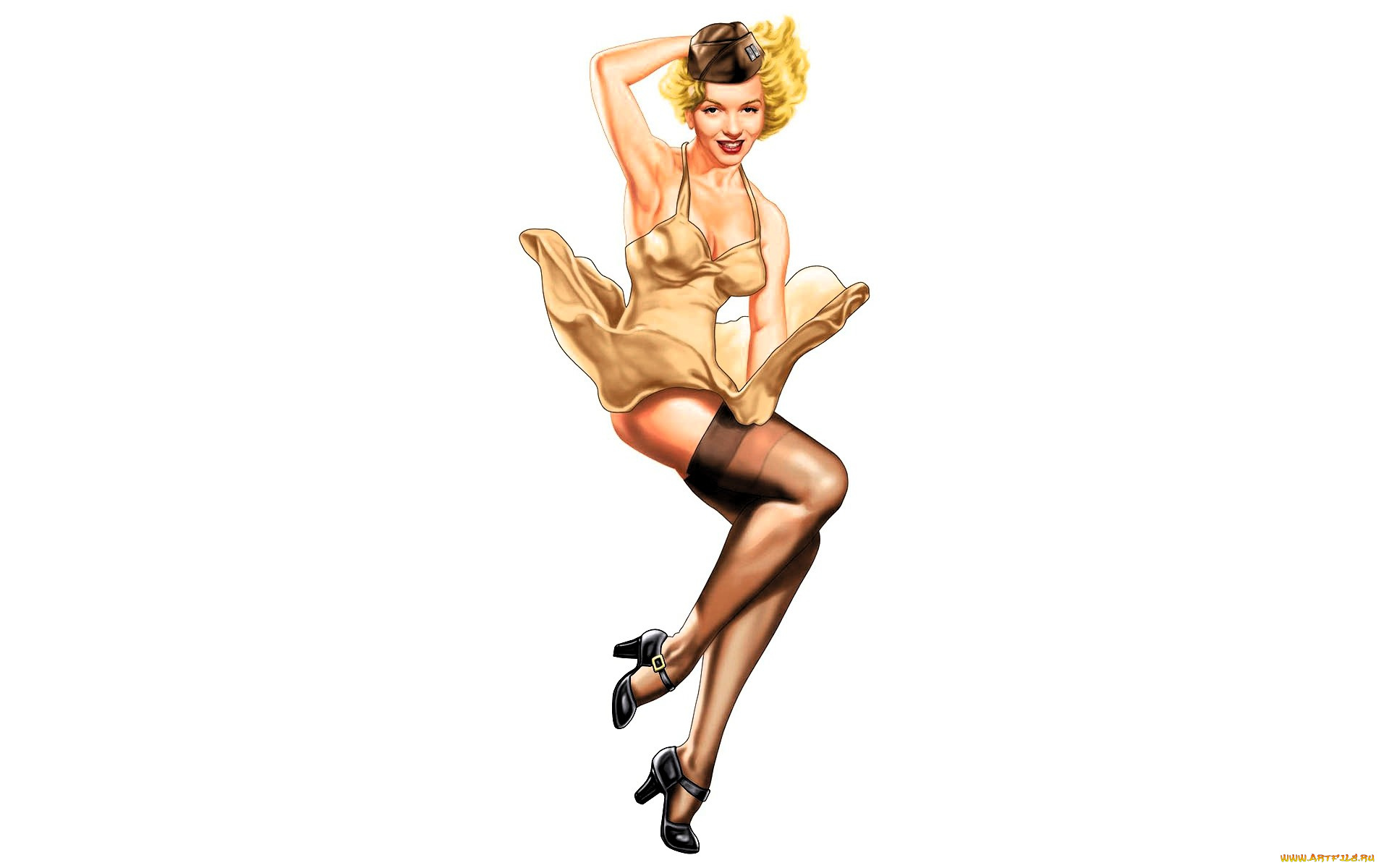 рисованное, alberto, vargas, девушка, блондинка, пилотка, платье, чулки, каблуки, ветер