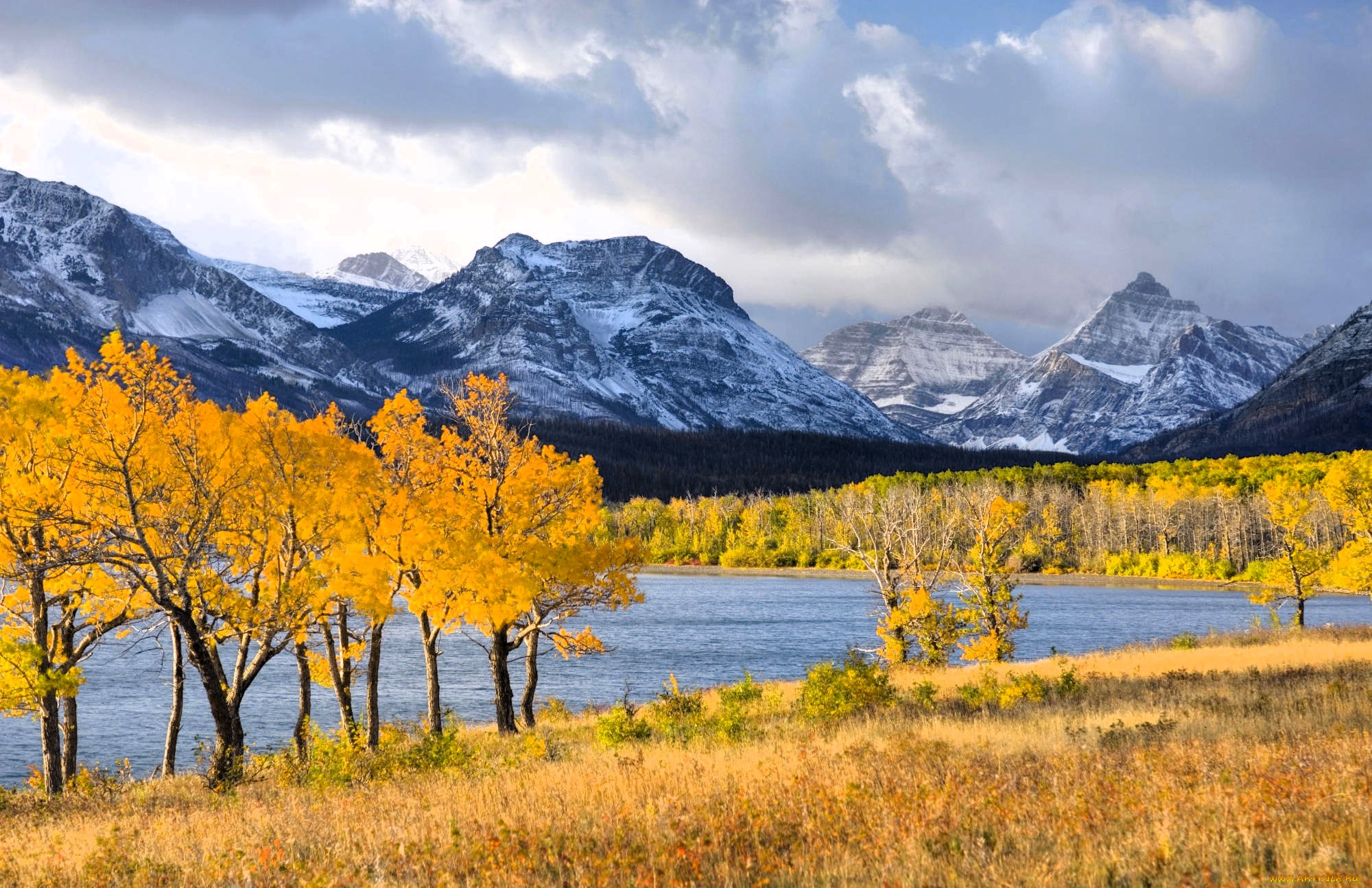 природа, реки, озера, горы, снег, лес, осень, деревья, тень, озеро