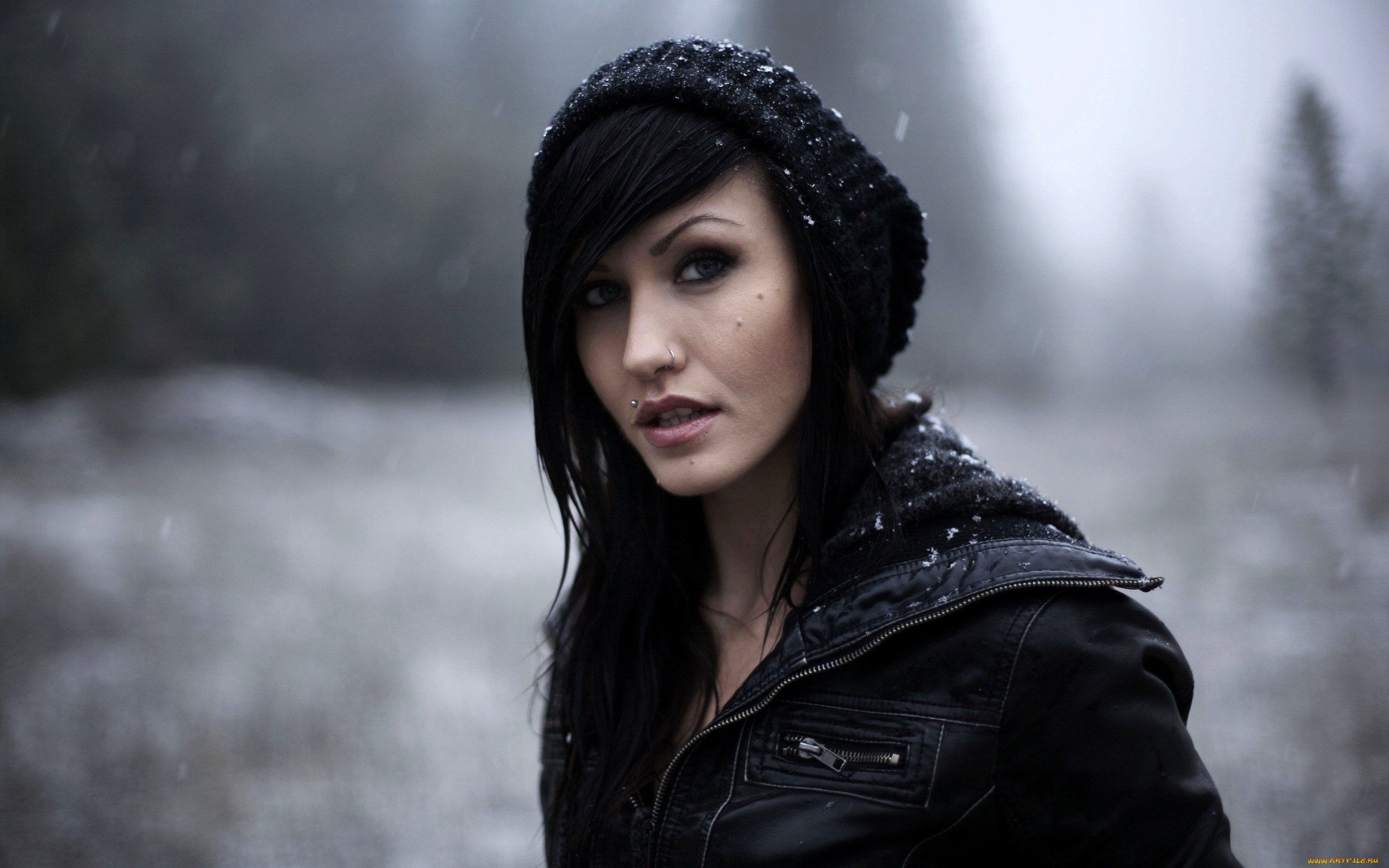 девушки, -, лица, , портреты, брюнетка, шапка, лицо, куртка, снег, зима