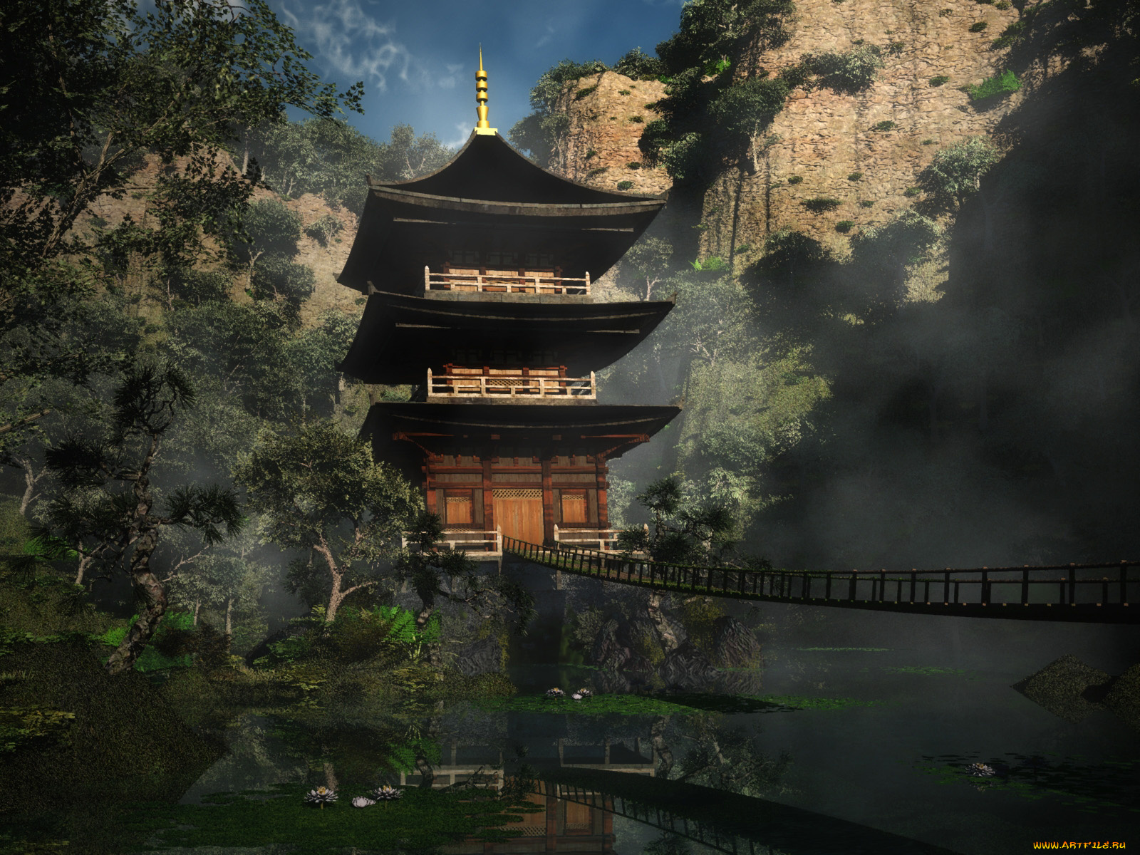 3д, графика, architecture, архитектура, вода, деревья, мост