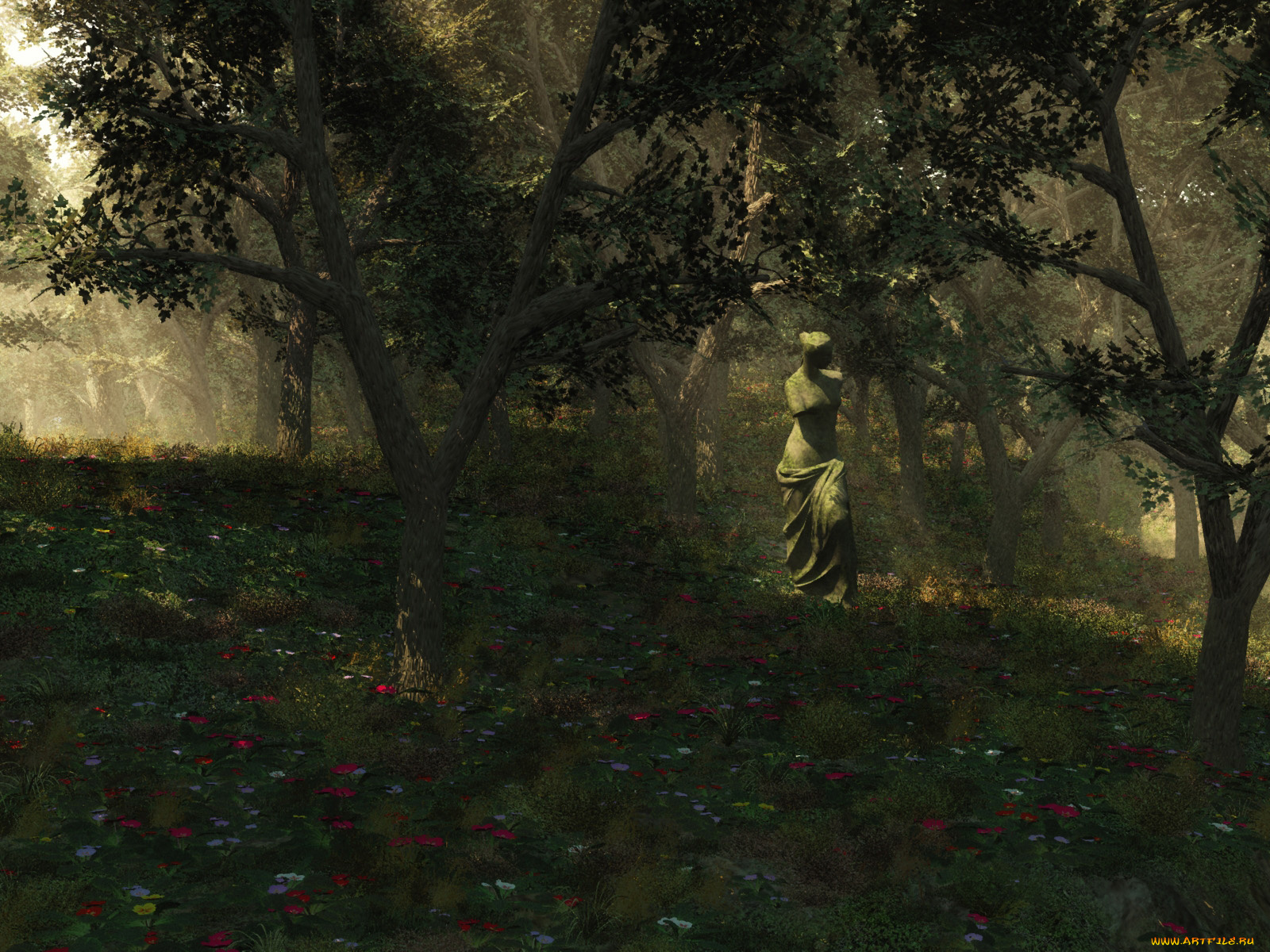 3д, графика, nature, landscape, природа, цветы, скульптура, деревья