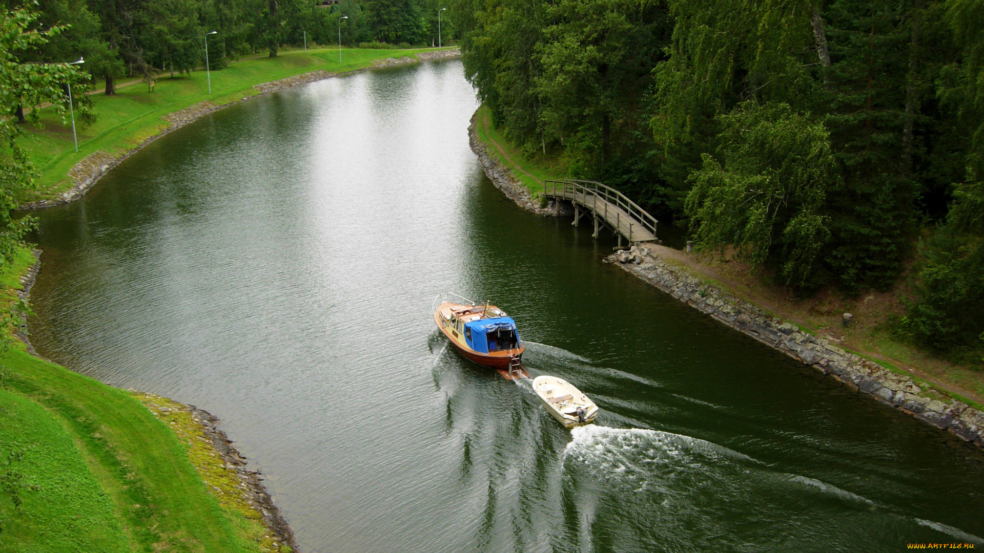 природа, реки, озера, река, деревья, мост, берег, катер