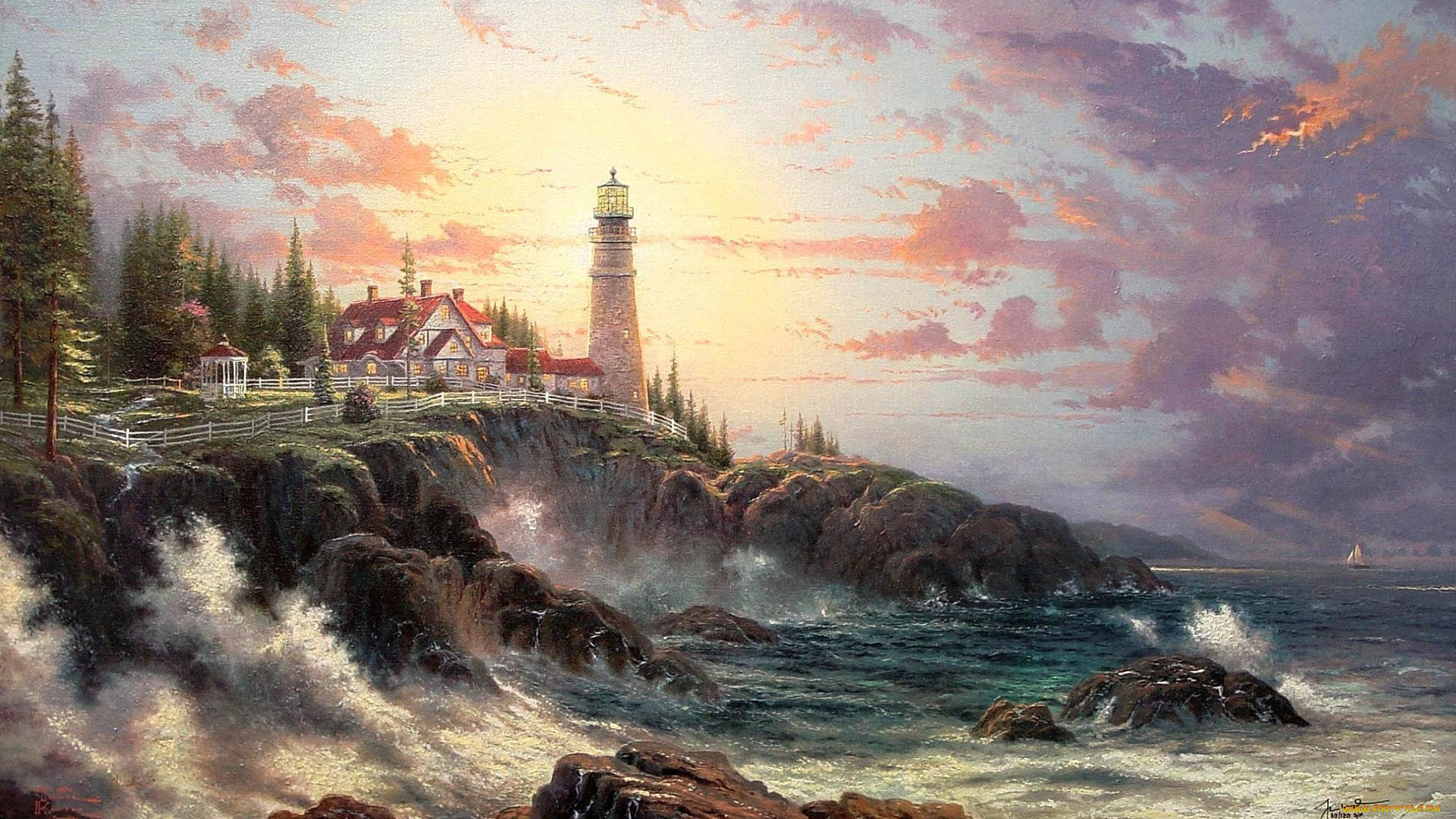 thomas, kinkade, рисованные, маяк, море, пейзаж, побережье