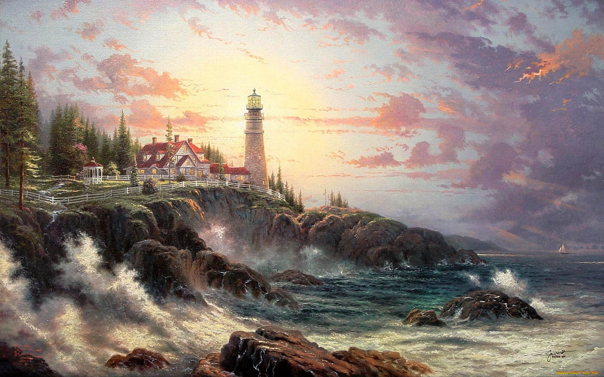 thomas, kinkade, рисованные, маяк, море, пейзаж, побережье