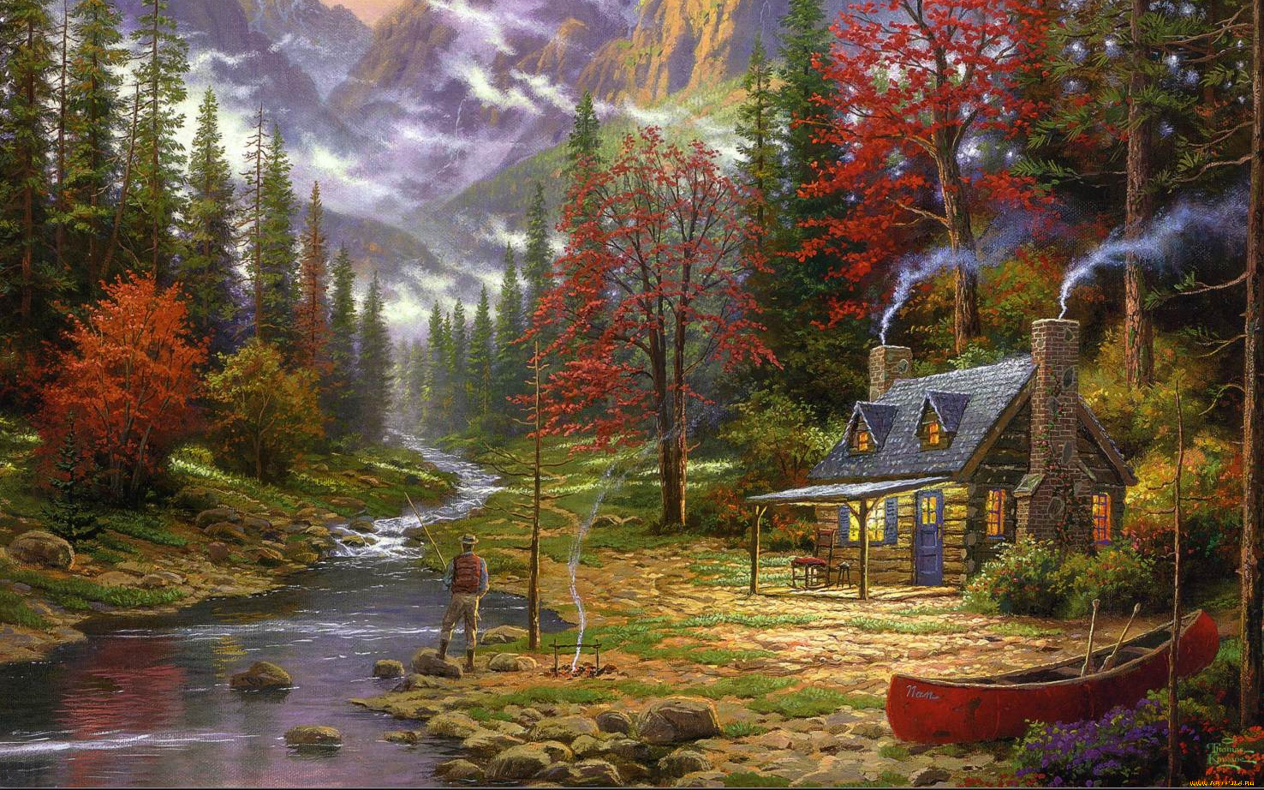 thomas, kinkade, рисованные, пейзаж, дом, горы, река, лодка, деревья, рыбак