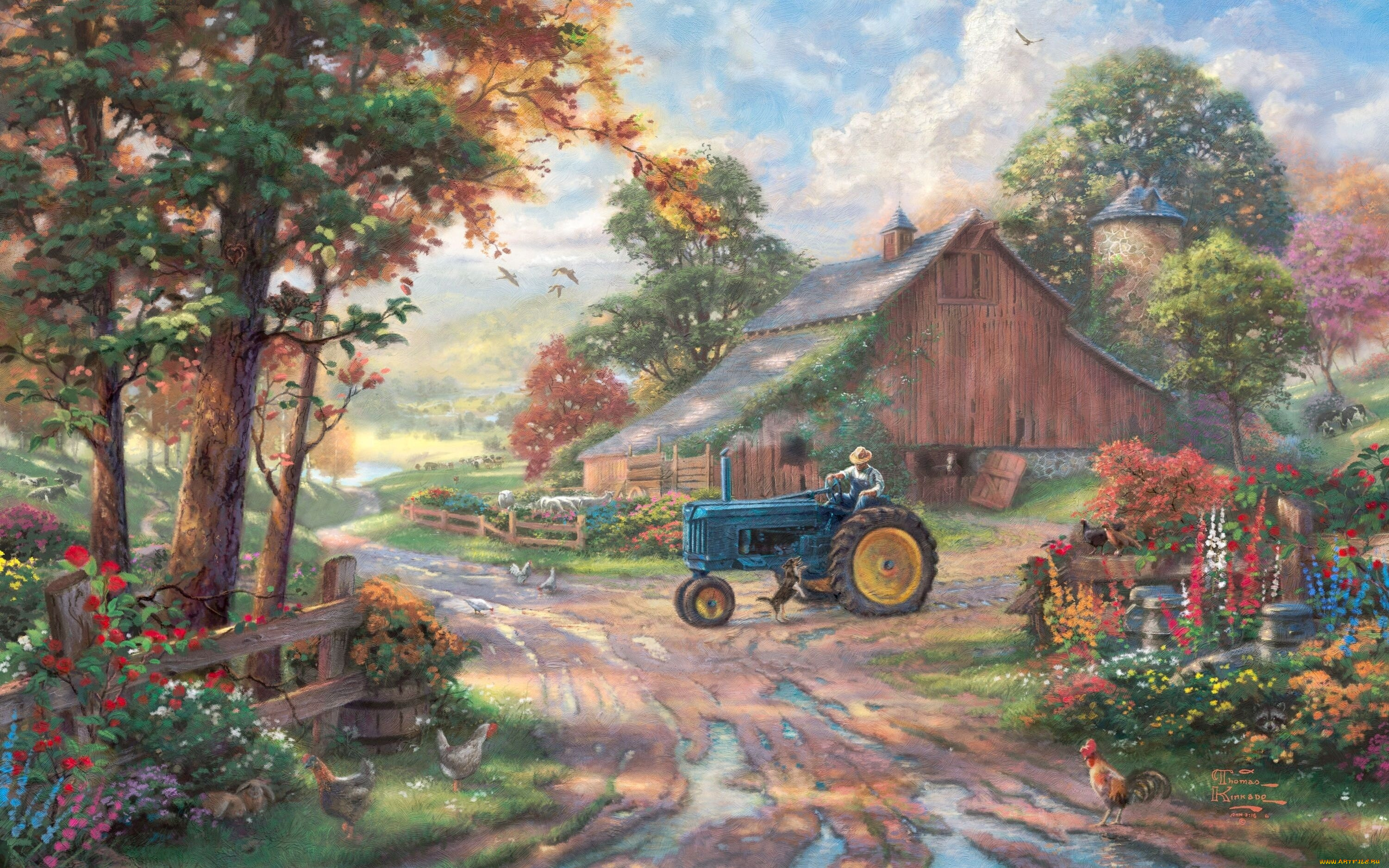 thomas, kinkade, рисованные, деревня, дорога, трактор