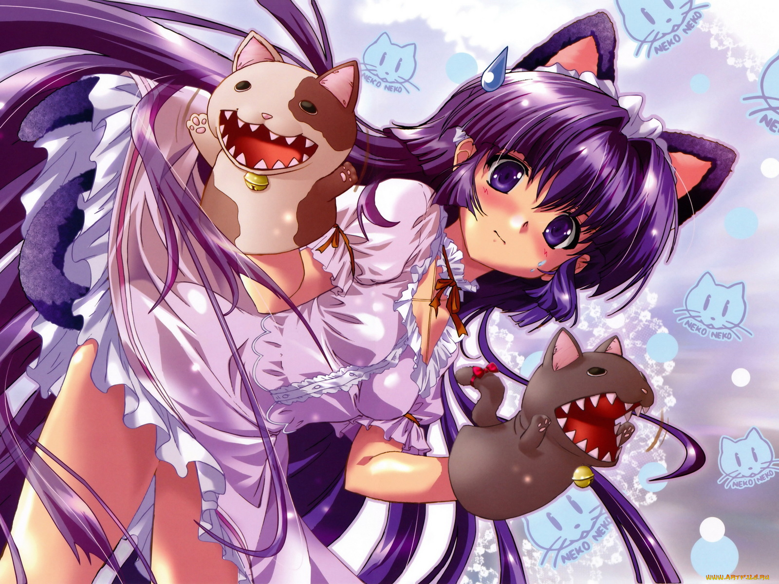 аниме, animals, девочка, ушки, игрушки, перчатки, maburaho