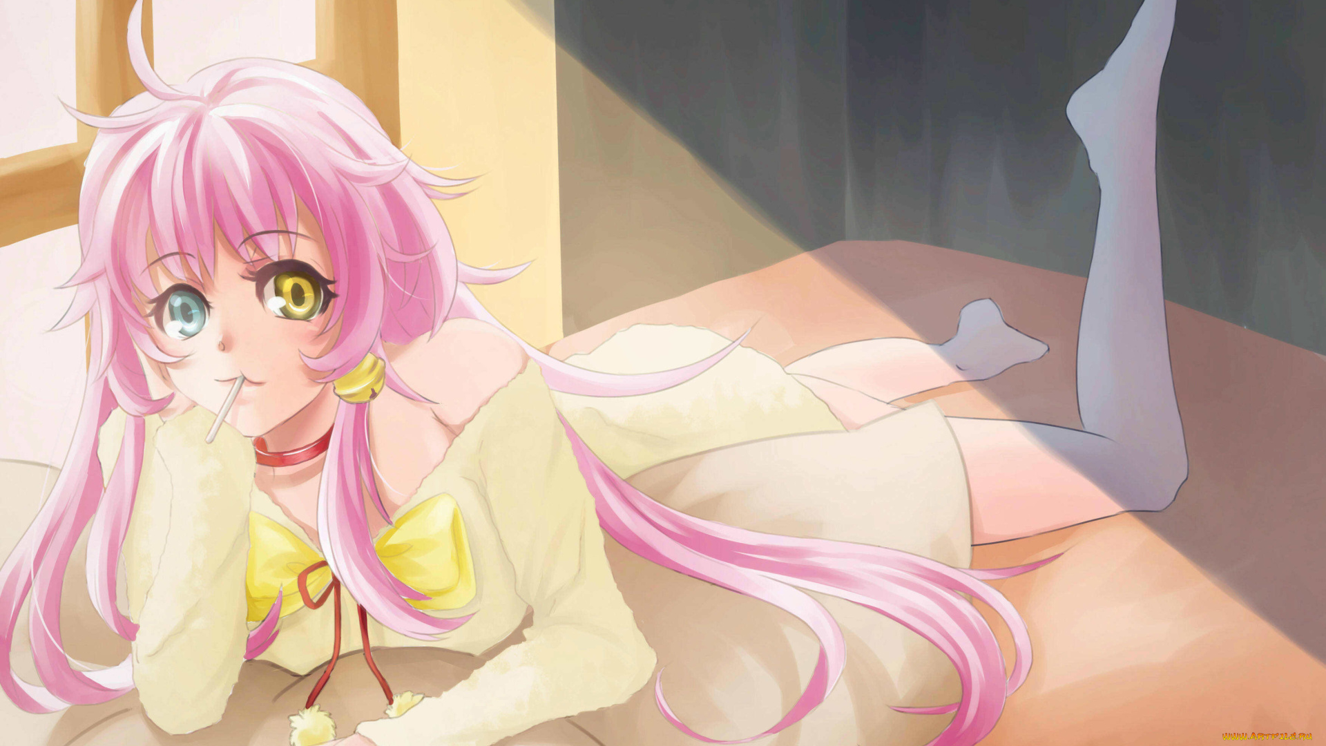 аниме, project, жёлтый, голубой, k, neko, candy, collar, female, food, long, hair, pink, девушка, глаза