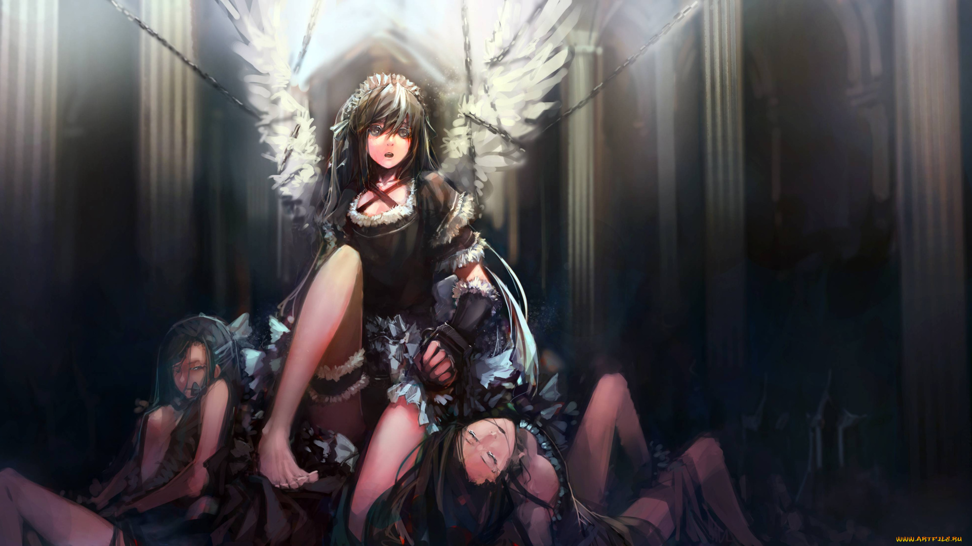 аниме, touhou, кровь, платье, цепи, ангел, девушки, крылья