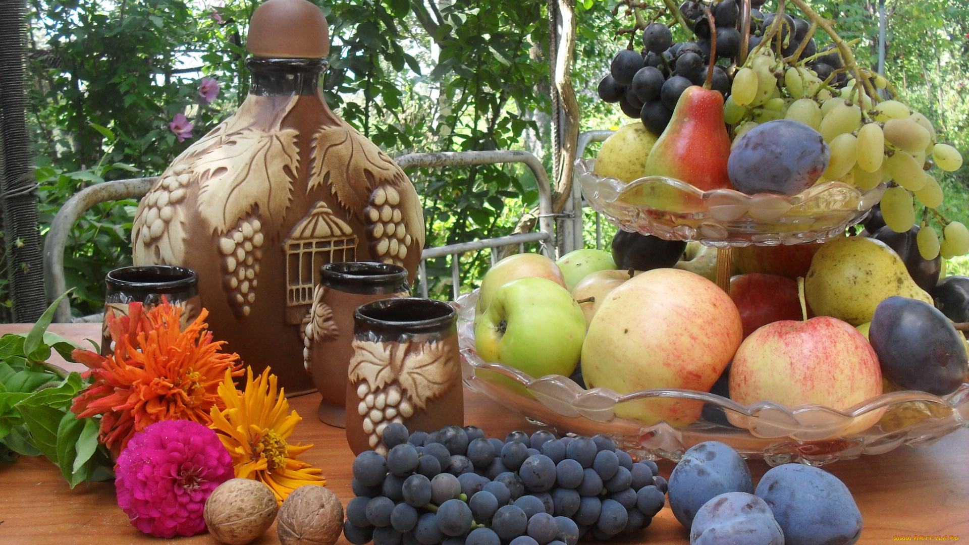 еда, фрукты, ягоды, цветы, груши, сливы, яблоки, виноград