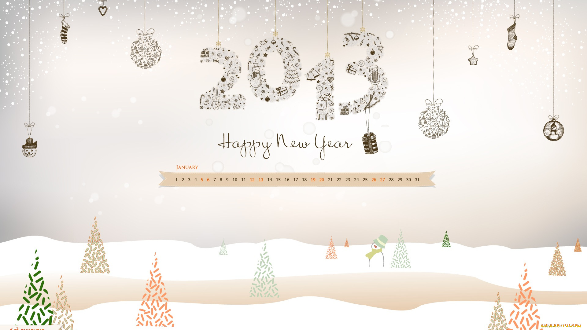 календари, рисованные, векторная, графика, ели, цифры, снеговик, снег