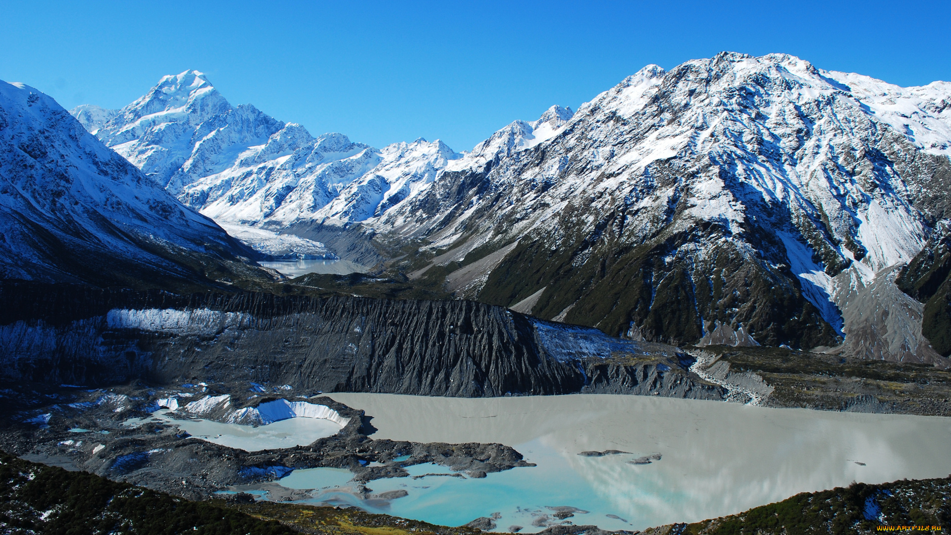 mount, cook, national, park, new, zealand, природа, горы, озеро, снег