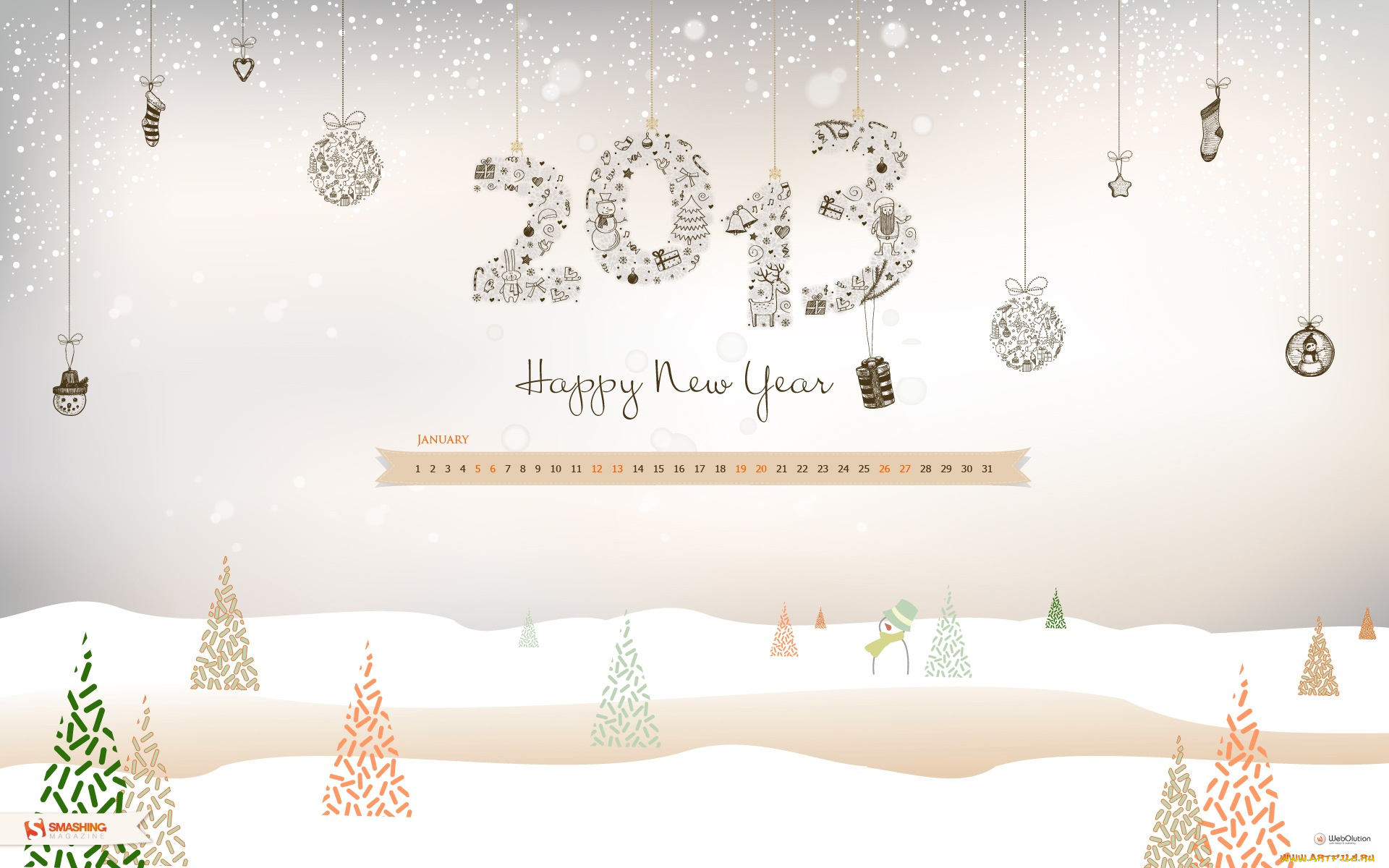 календари, рисованные, векторная, графика, ели, цифры, снеговик, снег