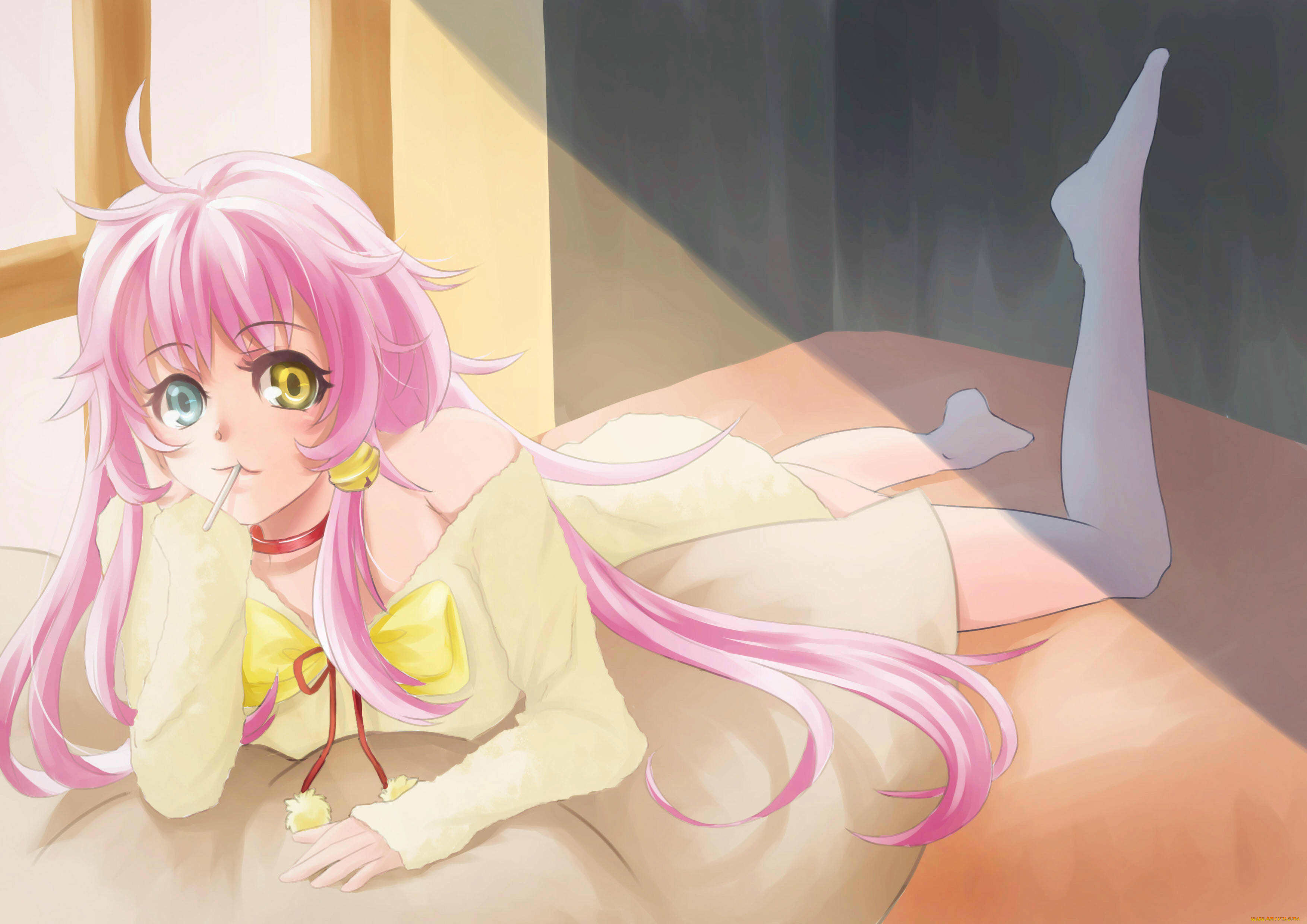 аниме, project, жёлтый, голубой, k, neko, candy, collar, female, food, long, hair, pink, девушка, глаза