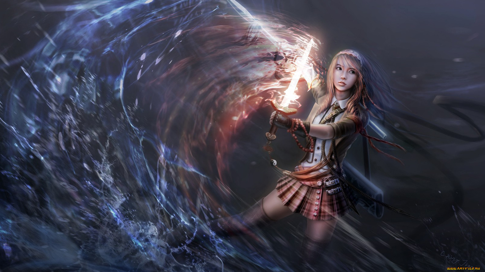 фэнтези, девушки, девушка, вода, юбка, чулки, меч