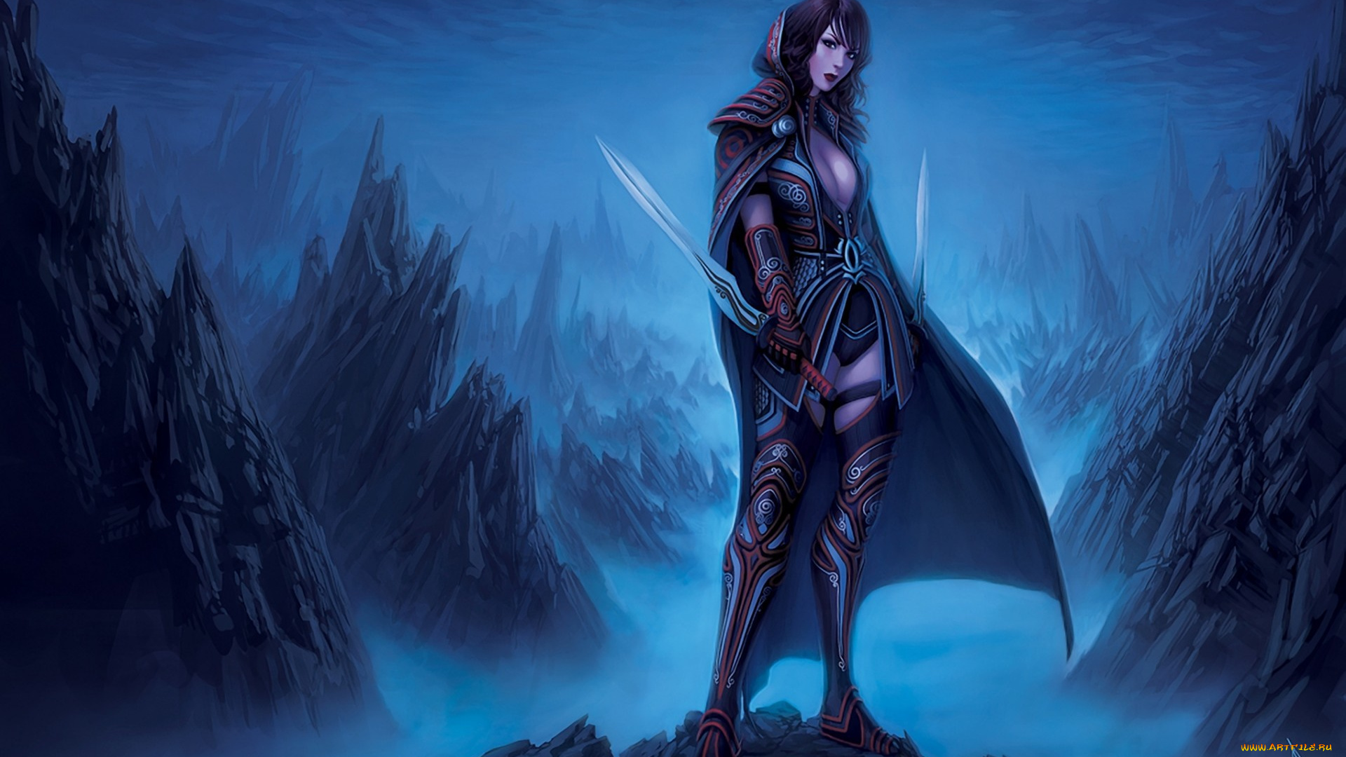 фэнтези, девушки, скалы, девушка, меч, доспехи