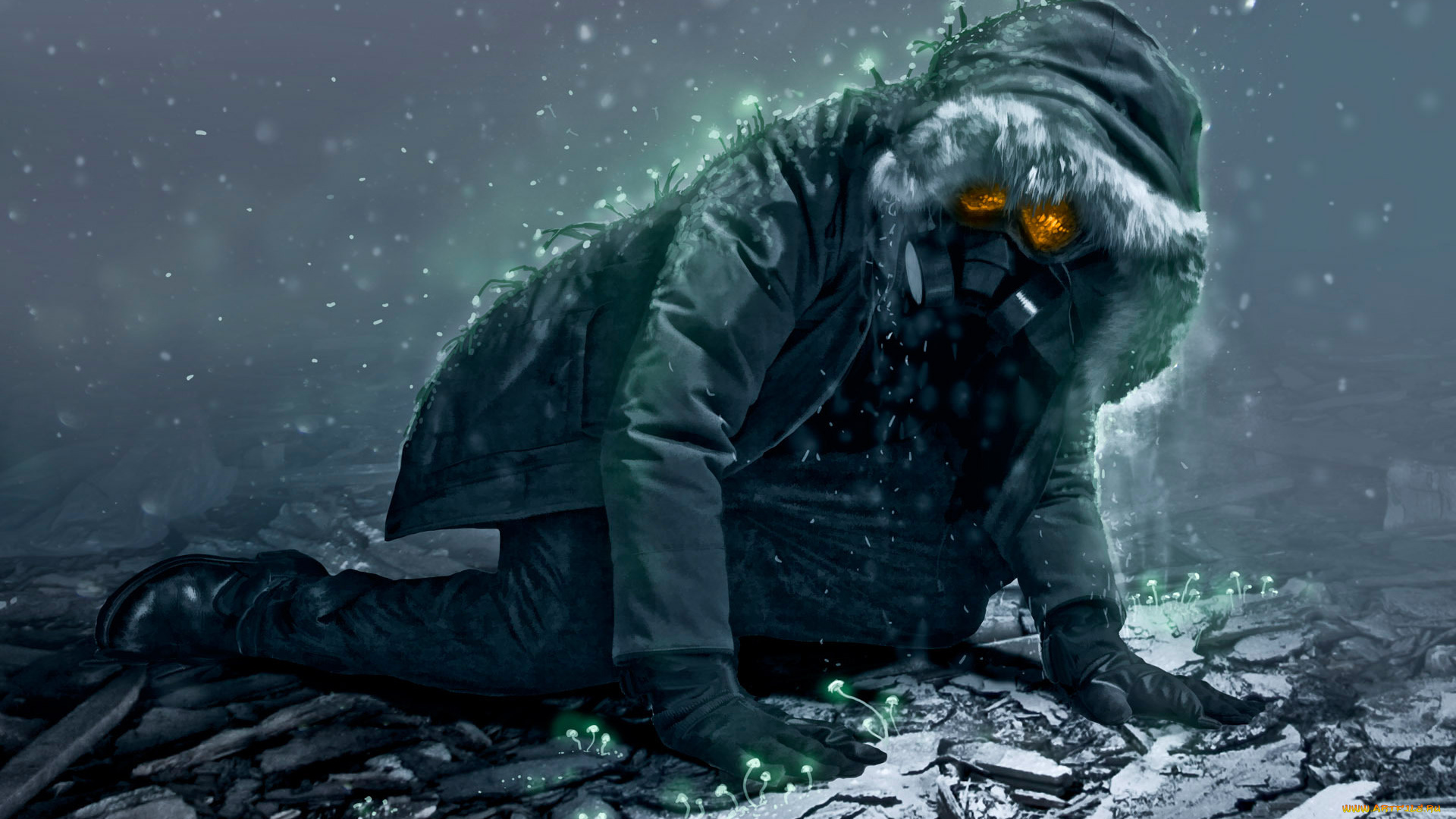 фэнтези, люди, постапокалипсис, противогаз, куртка, человек