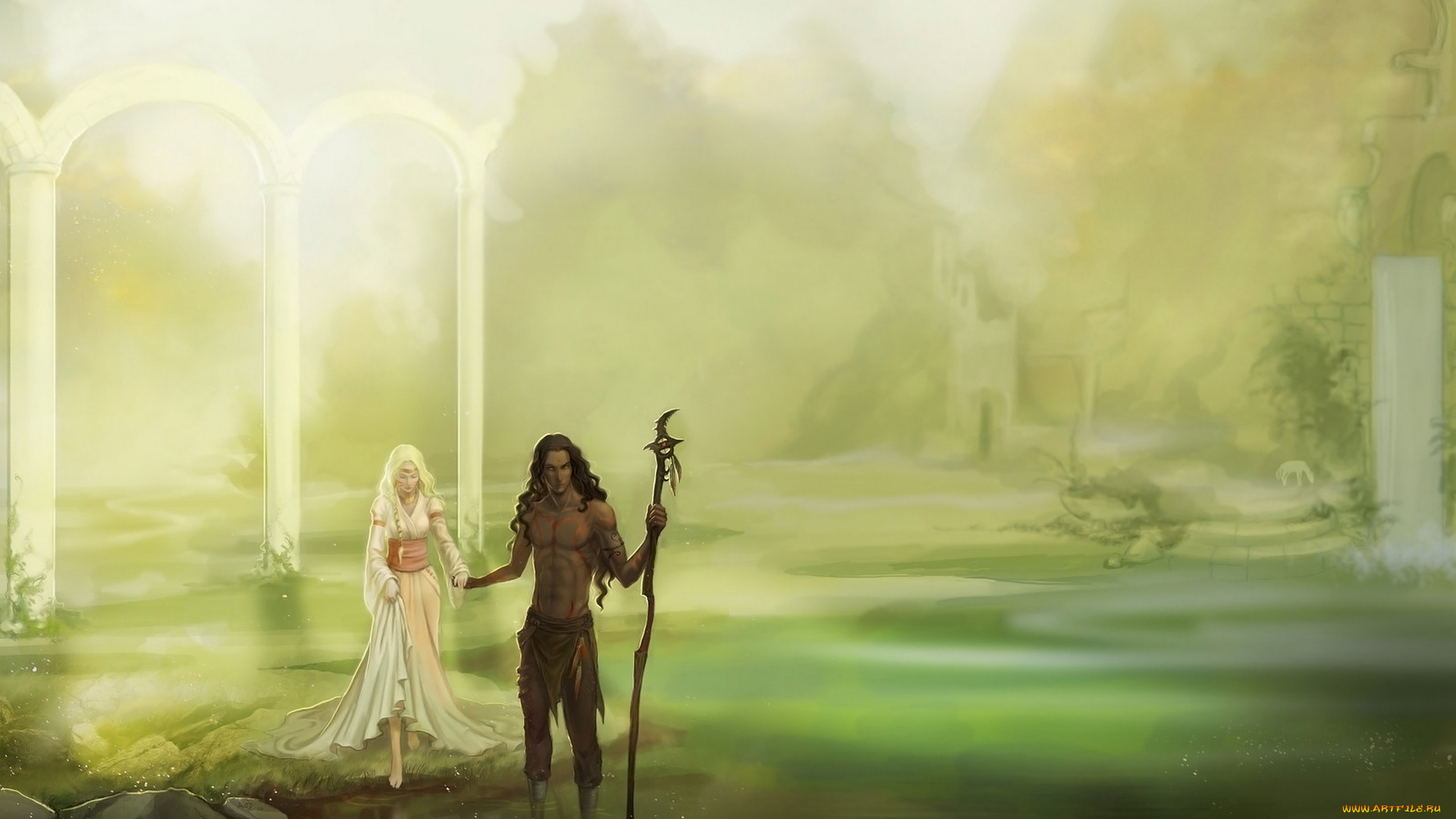 фэнтези, люди, вода, девушка, посох, арка, парень