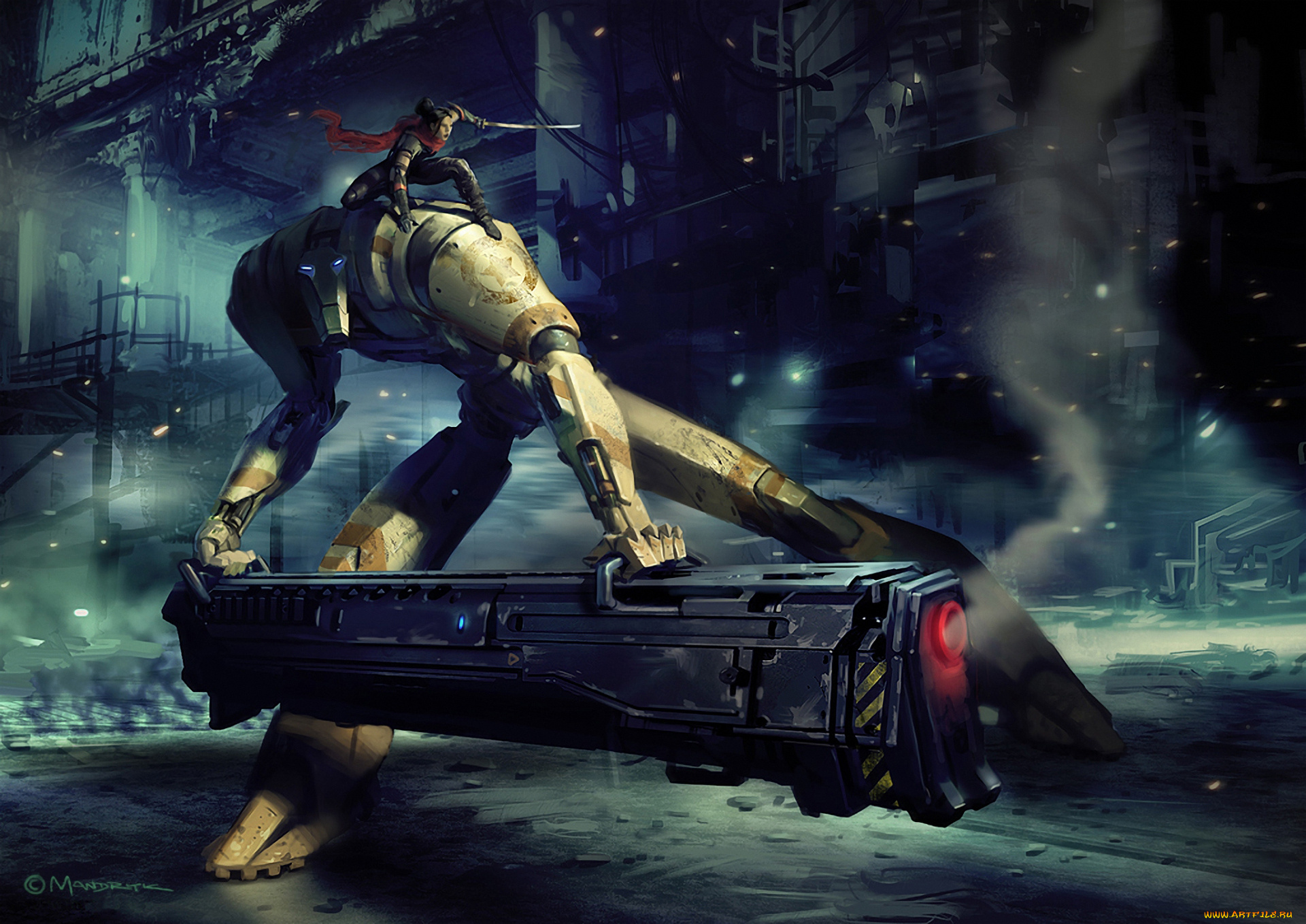 фэнтези, роботы, , киборги, , механизмы, робот, девушка, атака, оружие, меч