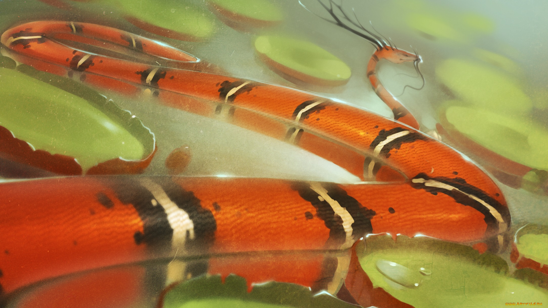 gaudibuendia, рисованное, животные, , сказочные, , мифические, рожки, змея, красная